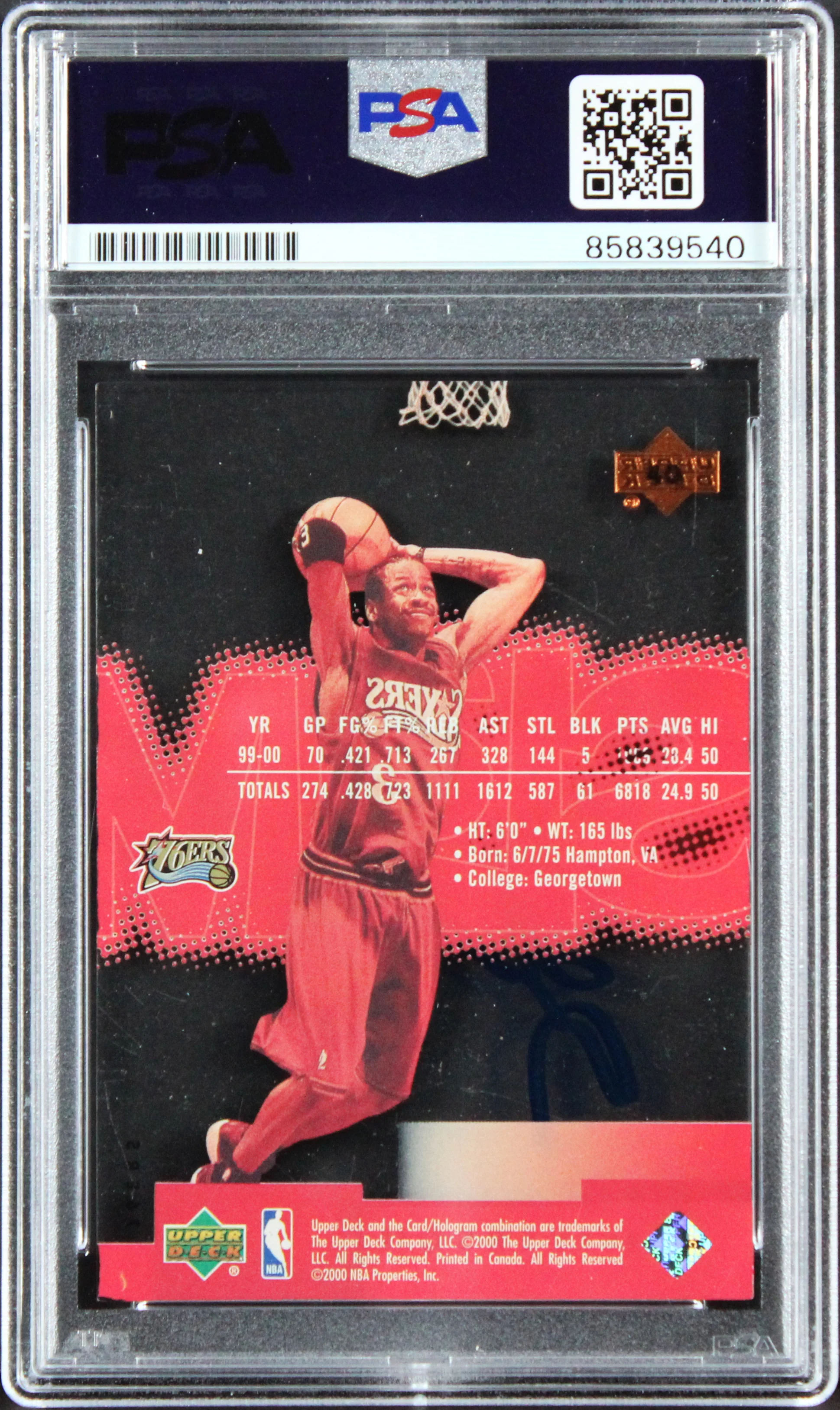 76ers Allen Iverson 2000 Upper Deck Slam #40 Card Autographed PSA/DNA Slabbed - Image 3