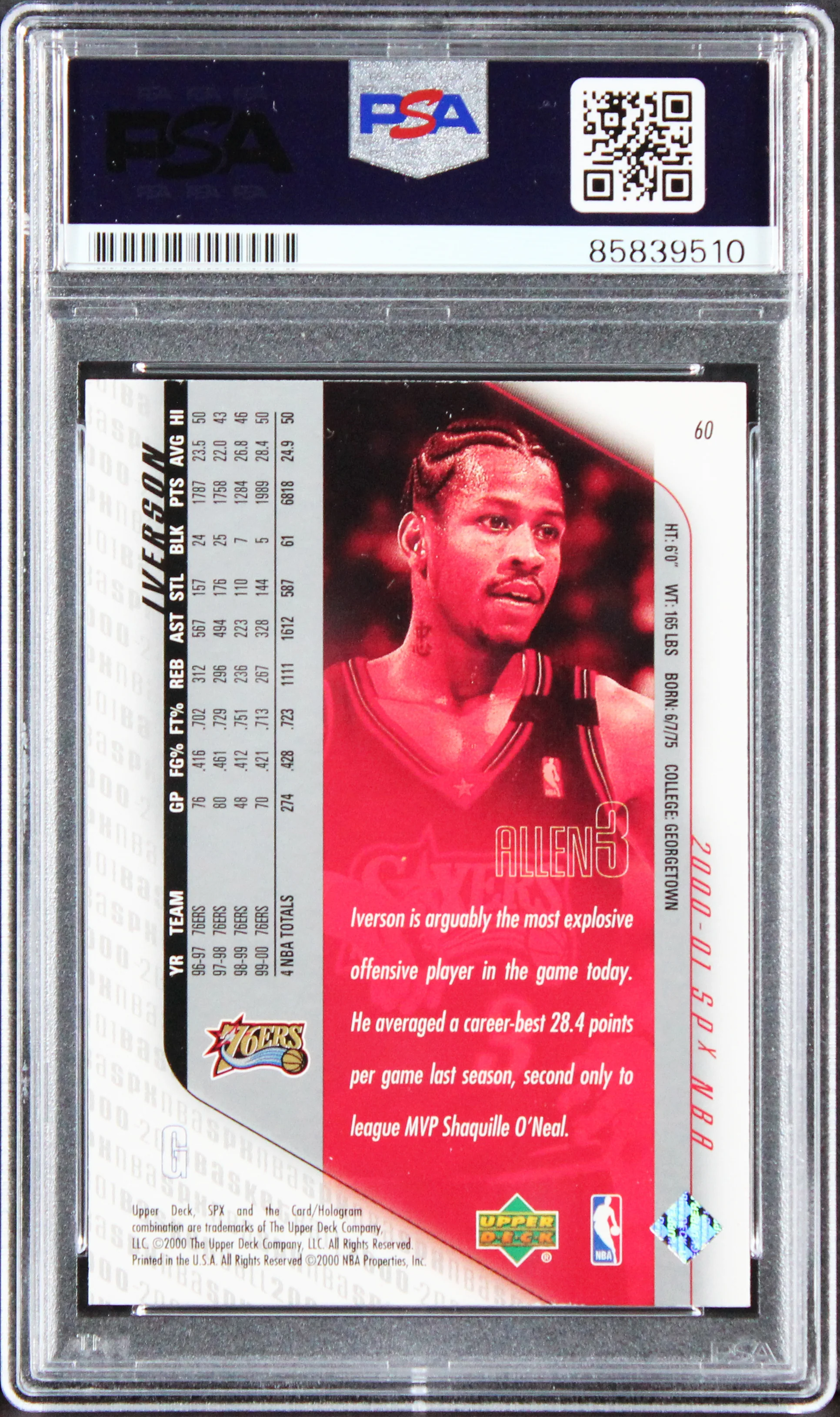 76ers Allen Iverson 2000 Upper Deck SPx #60 Card Autographed PSA/DNA Slabbed - Image 3