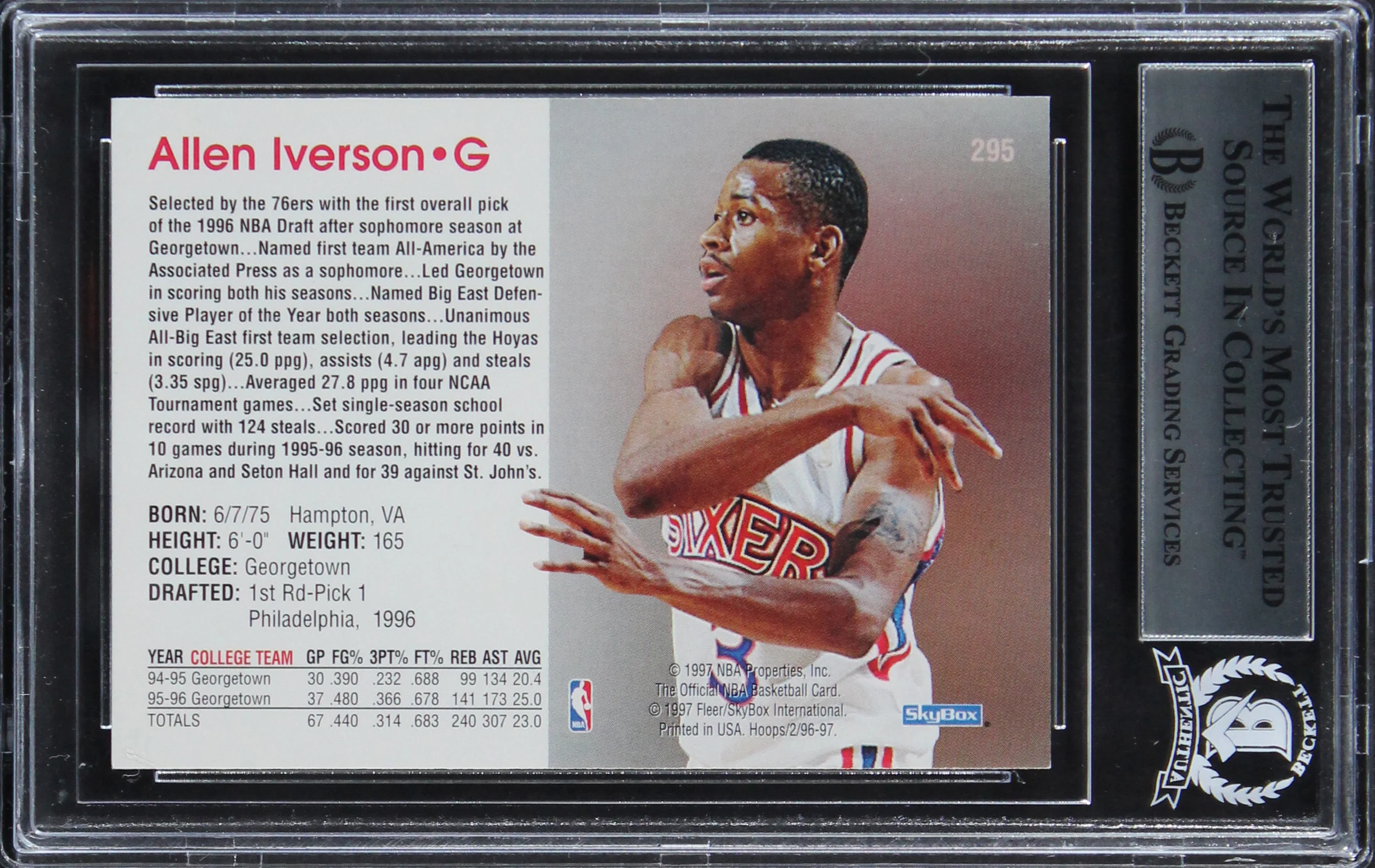 76ers Allen Iverson Authentic Signed 1996 Hoops #295 Rookie Card BAS Slabbed 4 - Image 3