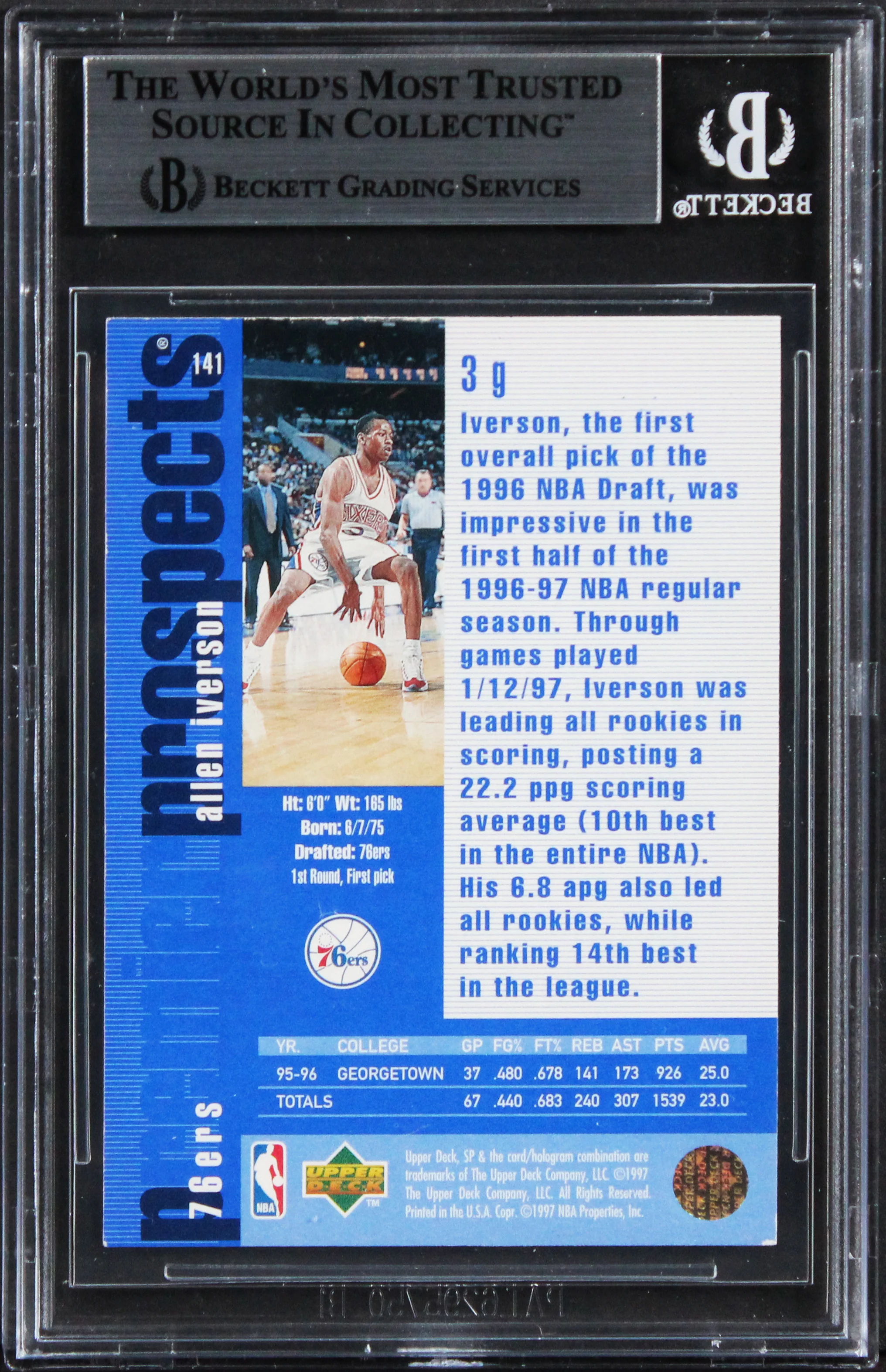 76ers Allen Iverson Authentic Signed 1996 SP #141 Rookie Card BAS Slabbed - Image 3