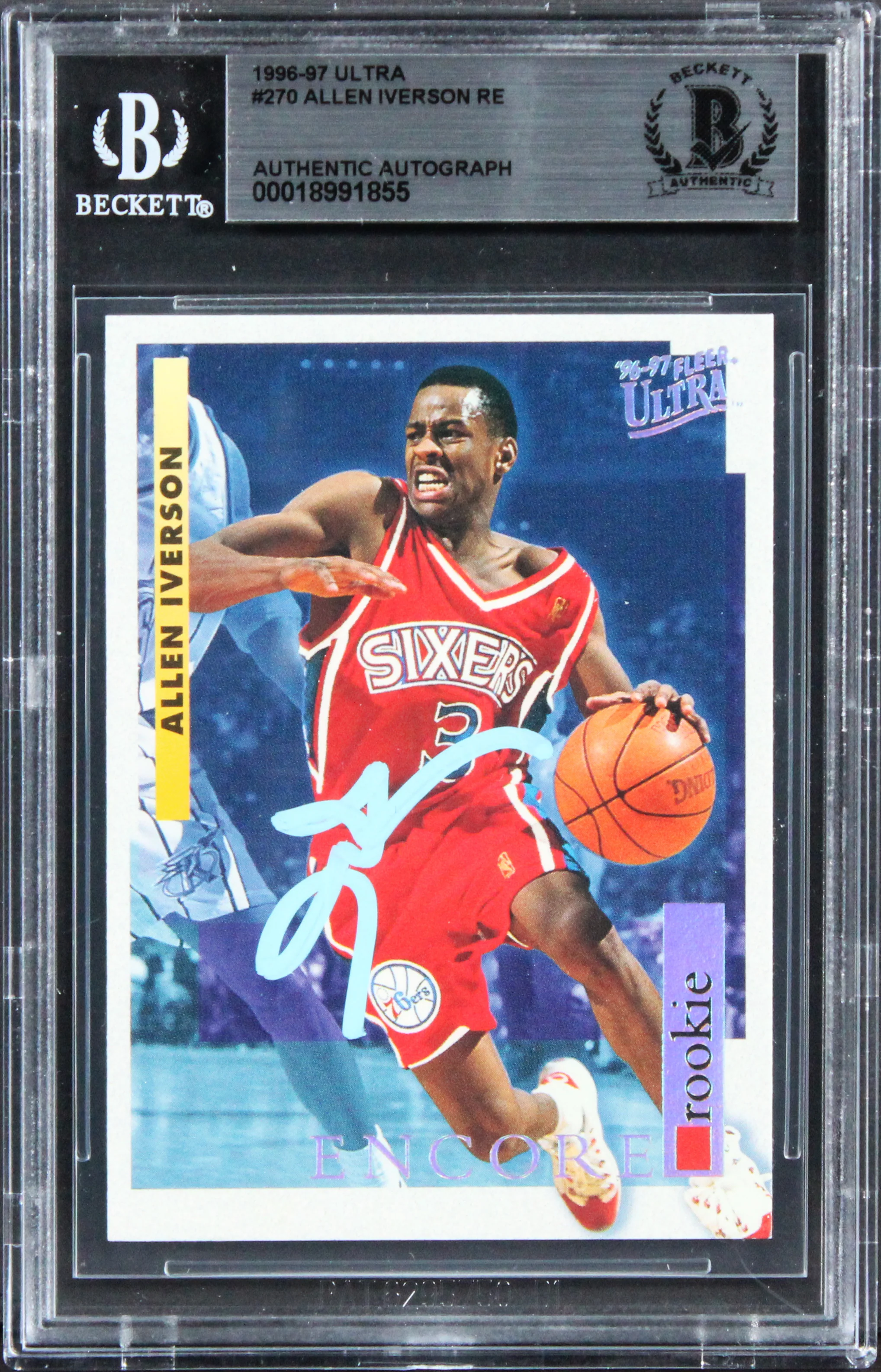76ers Allen Iverson Authentic Signed 1996 Ultra #270 Rookie Card BAS Slabbed - Image 2