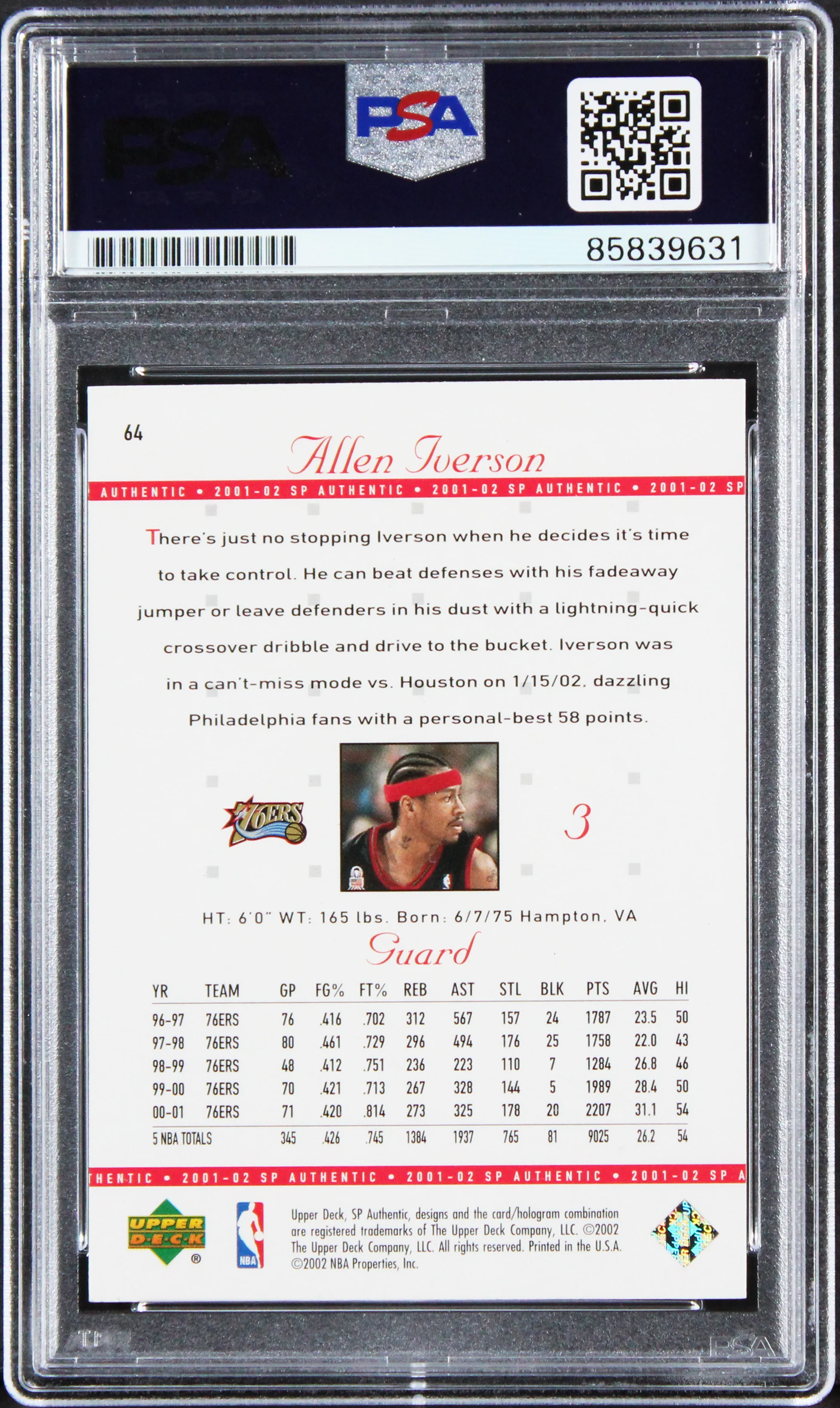 76ers Allen Iverson Authentic Signed 2001 SP Authentic #64 Card PSA/DNA Slabbed - Image 3