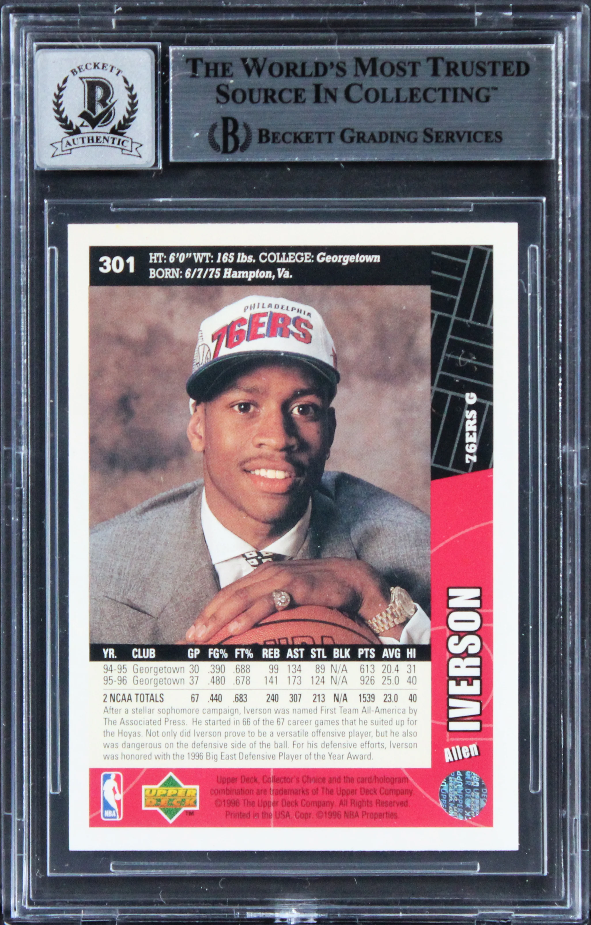 76ers Allen Iverson Signed 1996 Collectors Choice #301 RC Card Auto 10! BAS Slab - Image 3
