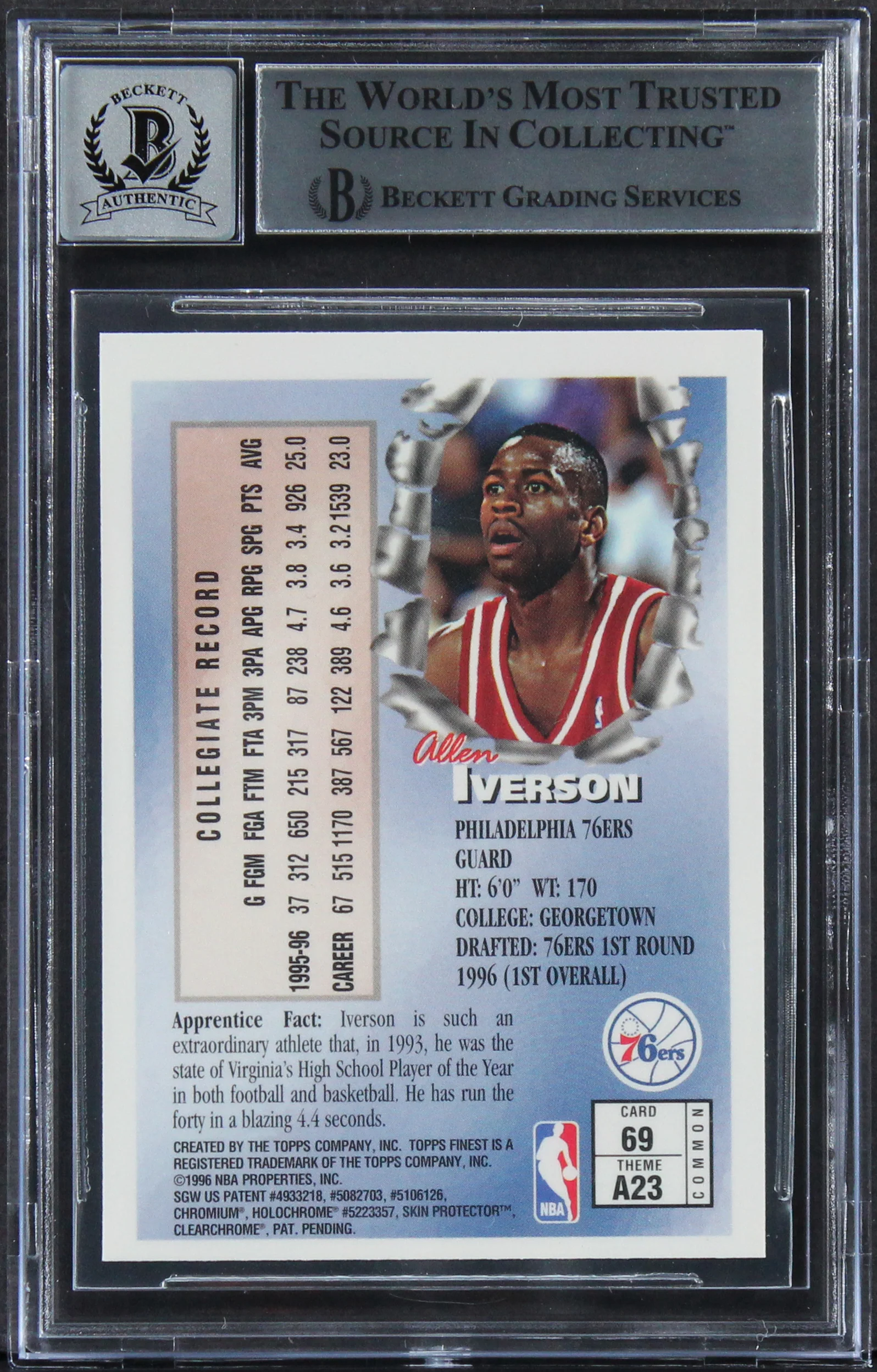 76ers Allen Iverson Signed 1996 Finest #69 Rookie Card Auto 10! BAS Slabbed - Image 3