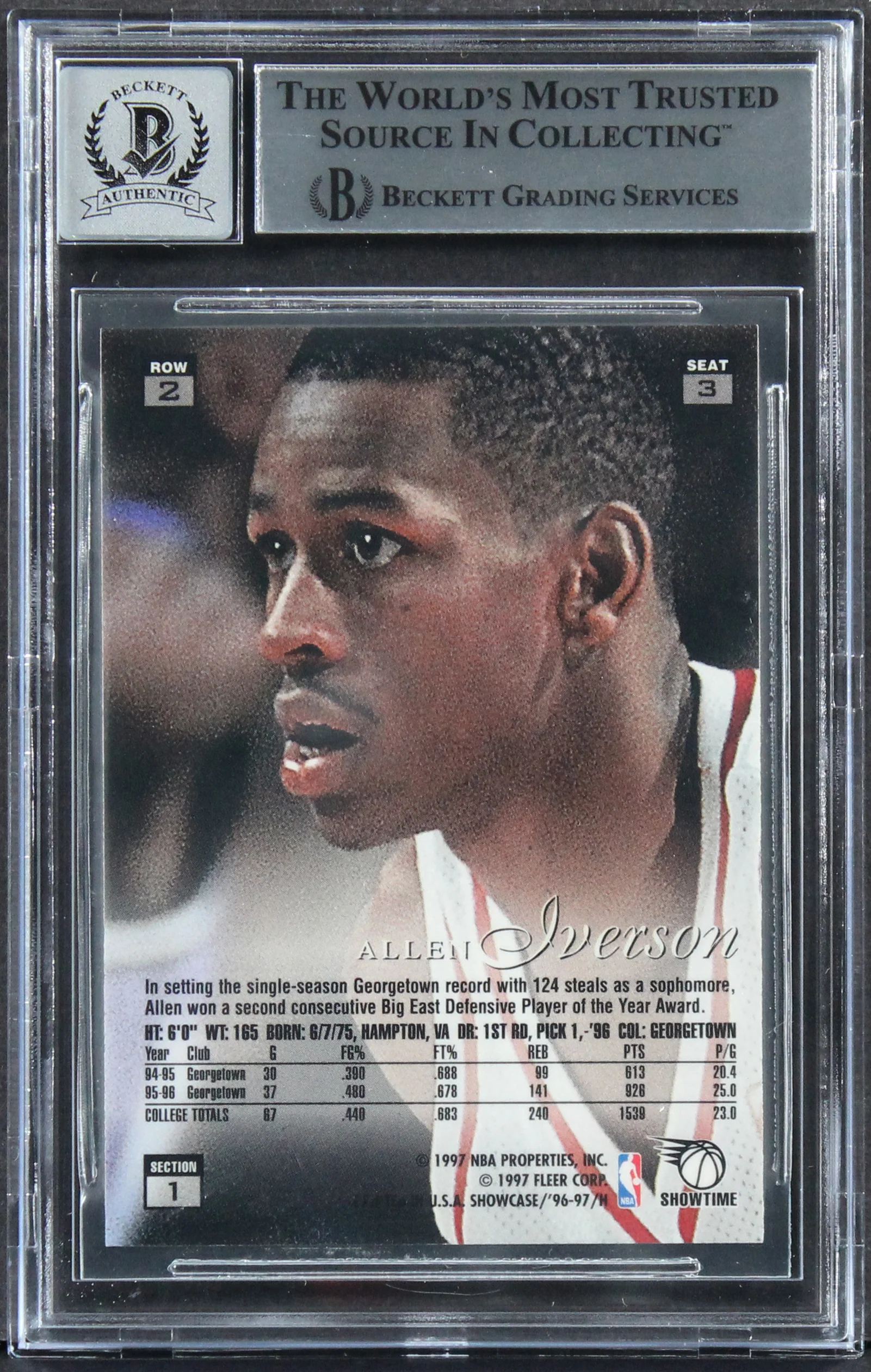 76ers Allen Iverson Signed 1996 Flair Showcase Row 2 #3 RC Card Auto 10 BAS Slab - Image 3