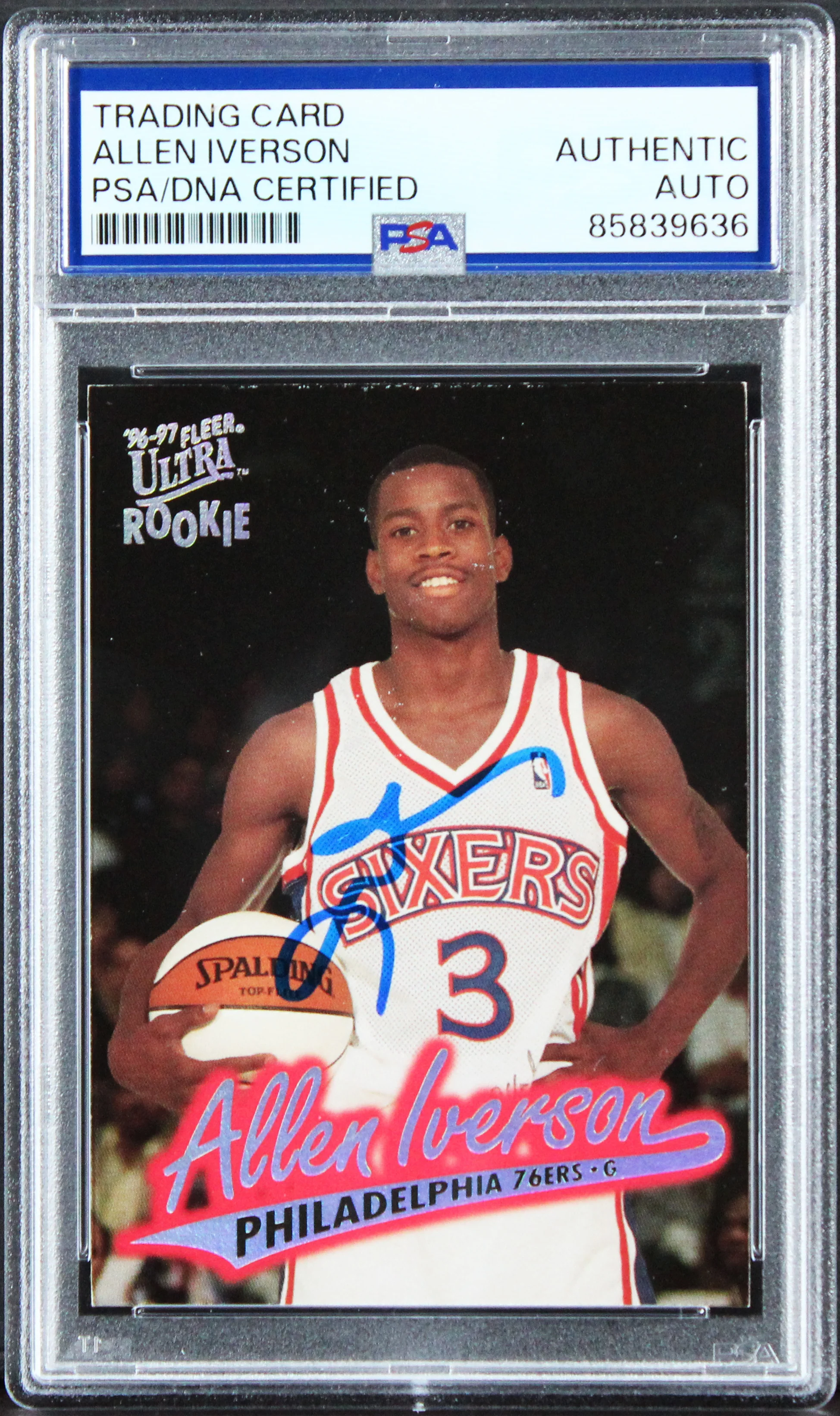 76ers Allen Iverson Signed 1996 Fleer Ultra #82 Rookie Card PSA/DNA Slabbed - Image 2