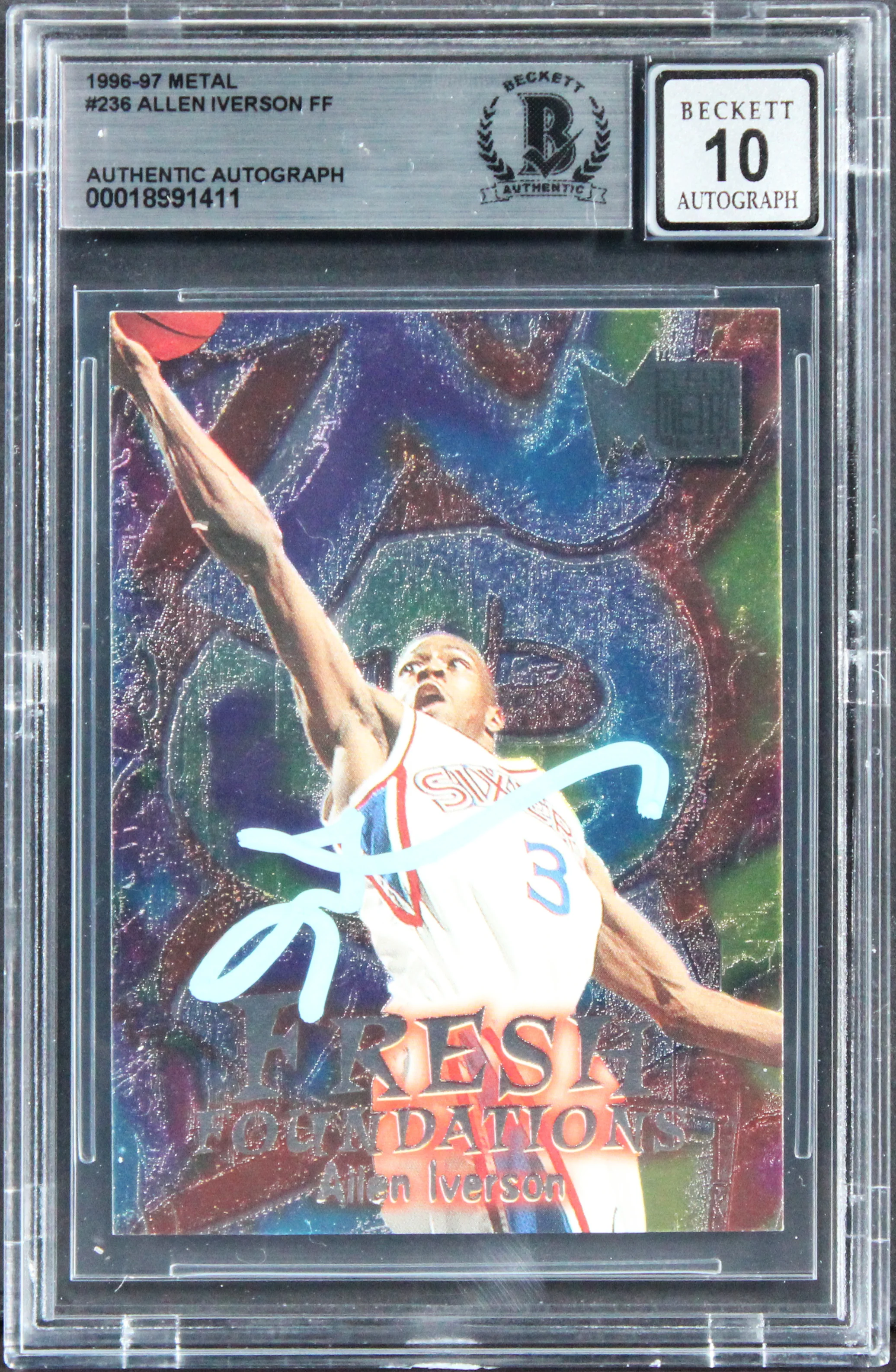 76ers Allen Iverson Signed 1996 Metal #236 Rookie Card Auto Mint 10! BAS Slabbed
