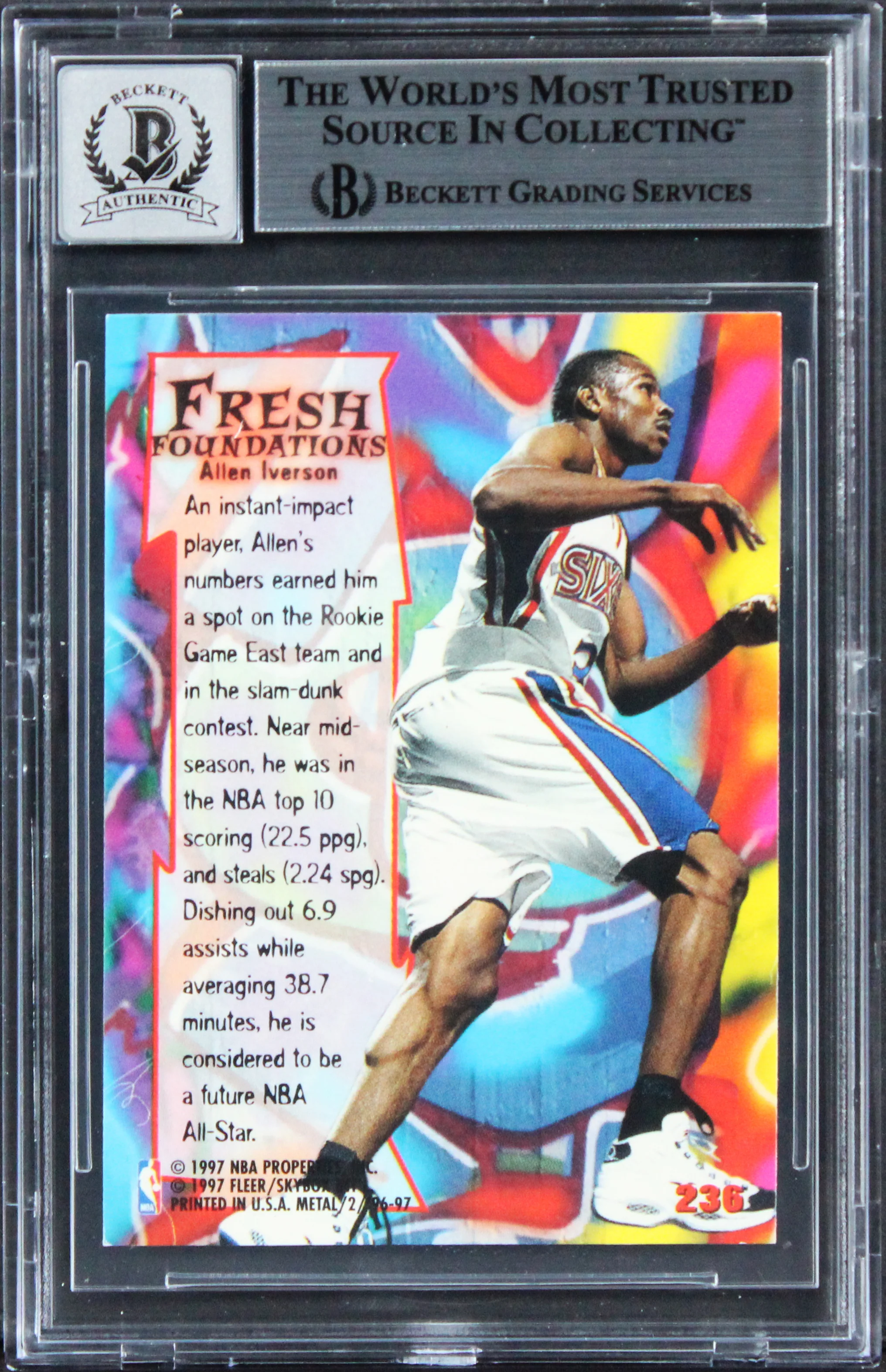 76ers Allen Iverson Signed 1996 Metal #236 Rookie Card Auto Mint 10! BAS Slabbed - Image 3