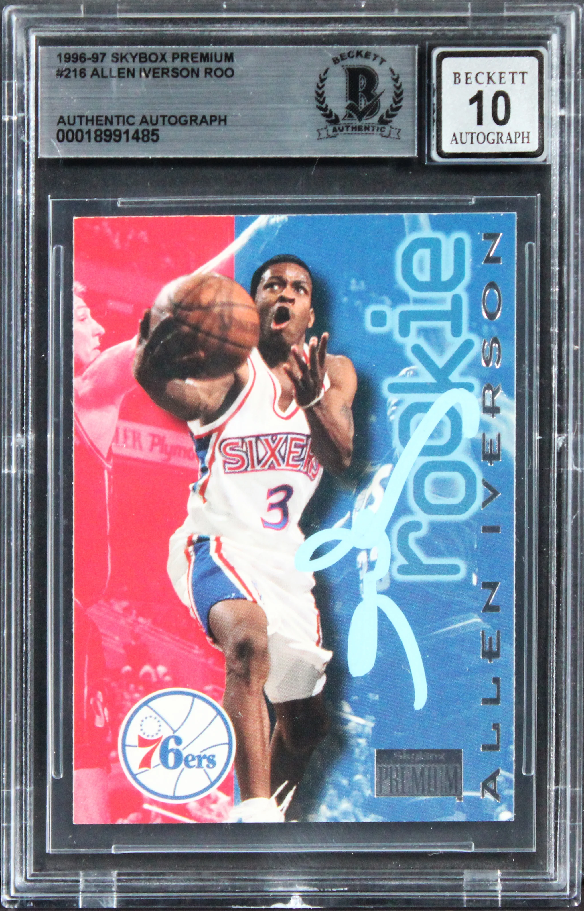 76ers Allen Iverson Signed 1996 Skybox Premium #218 RC Card Auto 10! BAS Slabbed - Image 2