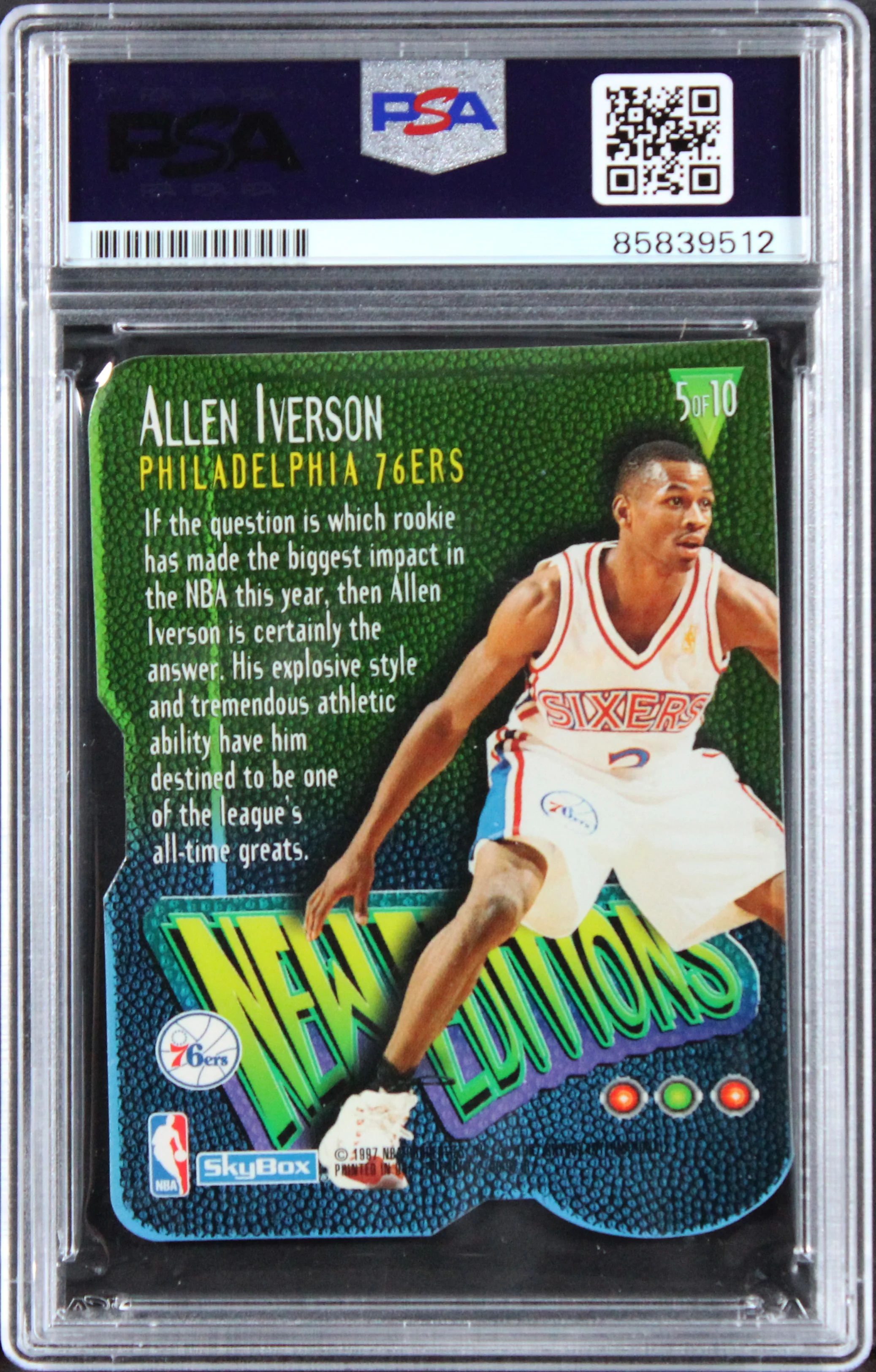 76ers Allen Iverson Signed 1996 SkyBox Premium #5 Rookie Card PSA/DNA Slabbed - Image 3
