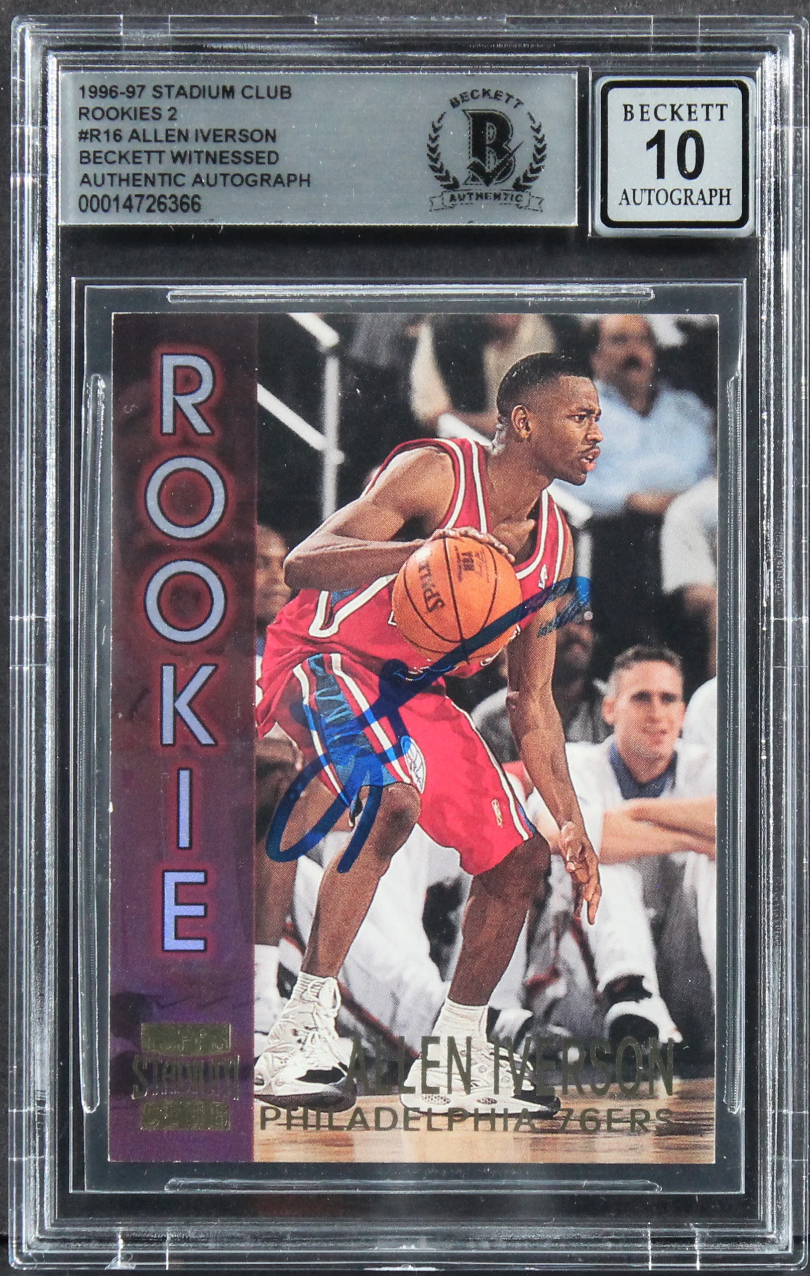 76ers Allen Iverson Signed 1996 Stadium Club Rookies 2 R16 Card Auto 10 BAS Slab - Image 2