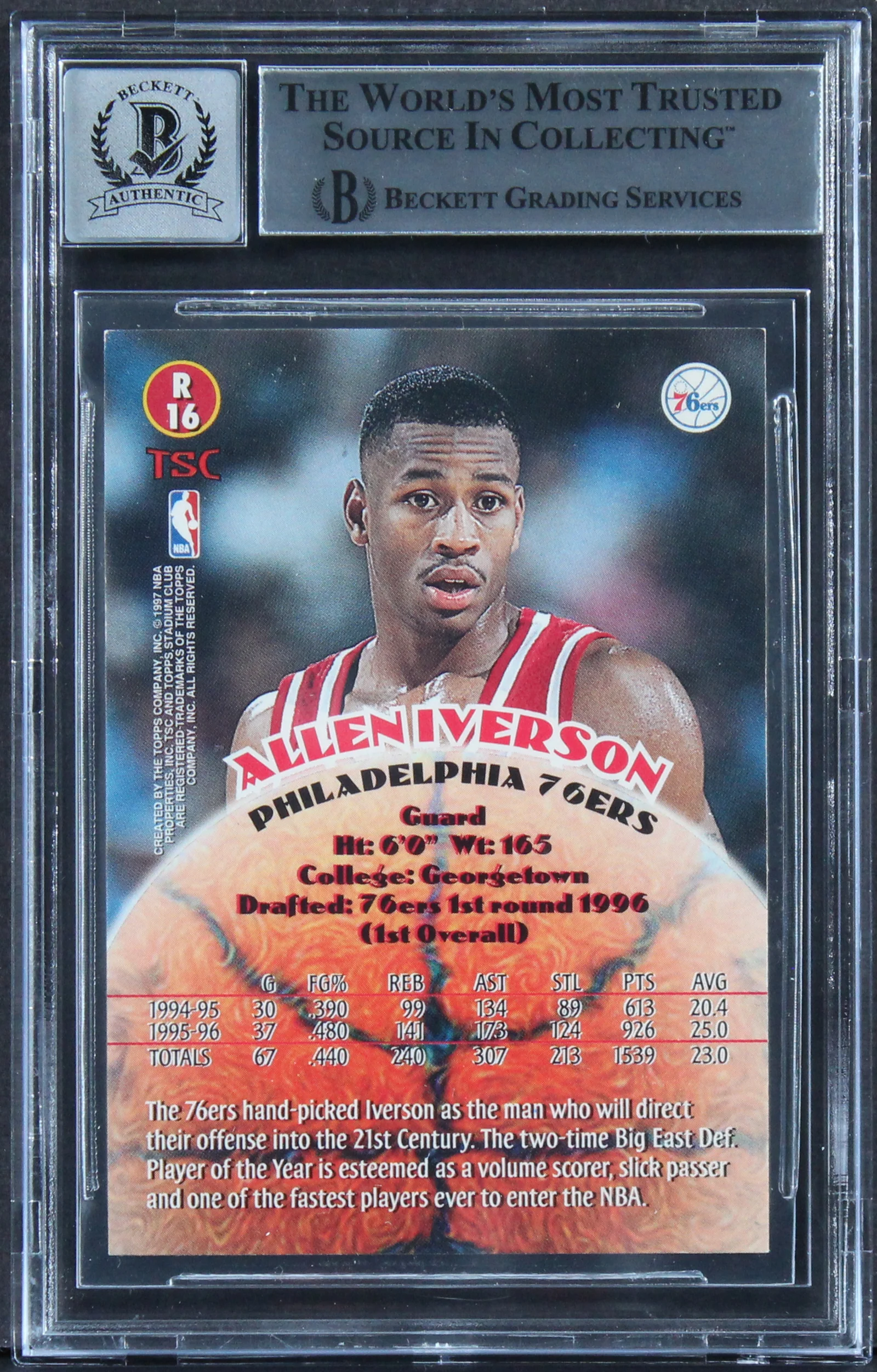 76ers Allen Iverson Signed 1996 Stadium Club Rookies 2 R16 Card Auto 10 BAS Slab - Image 3