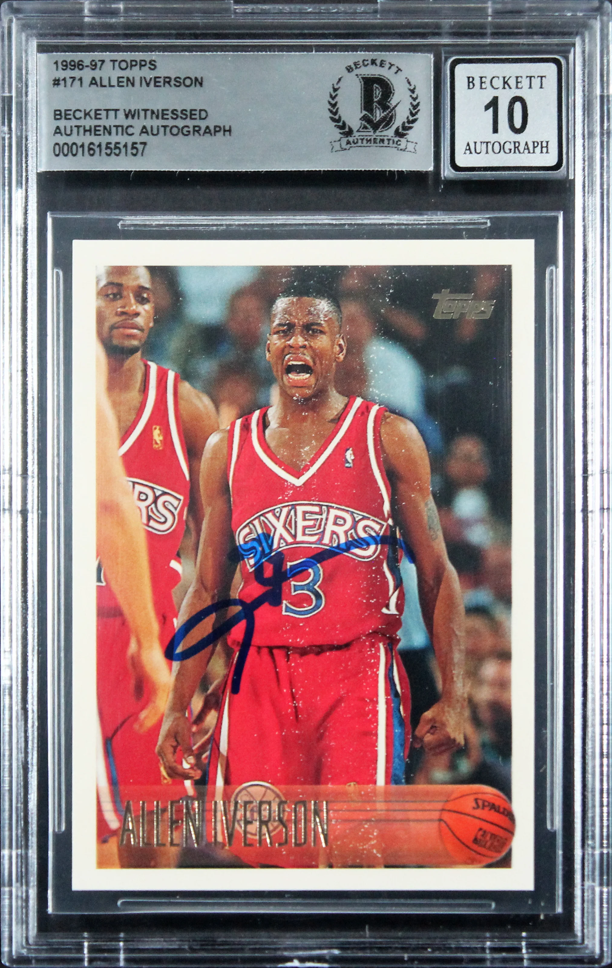 76ers Allen Iverson Signed 1996 Topps #171 Rookie Card Auto 10! BAS Slabbed 2 - Image 2