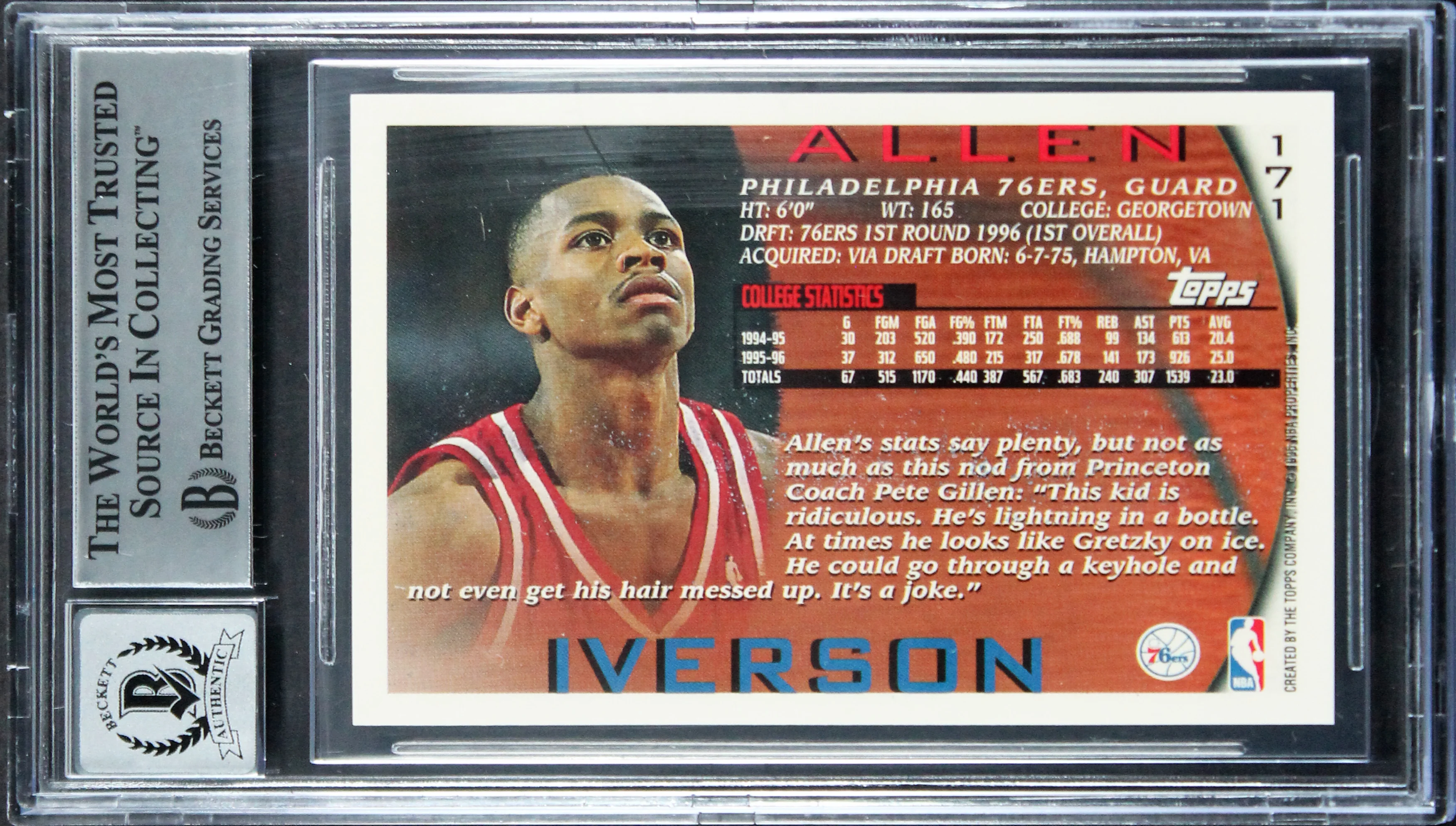 76ers Allen Iverson Signed 1996 Topps #171 Rookie Card Auto 10! BAS Slabbed 2 - Image 3