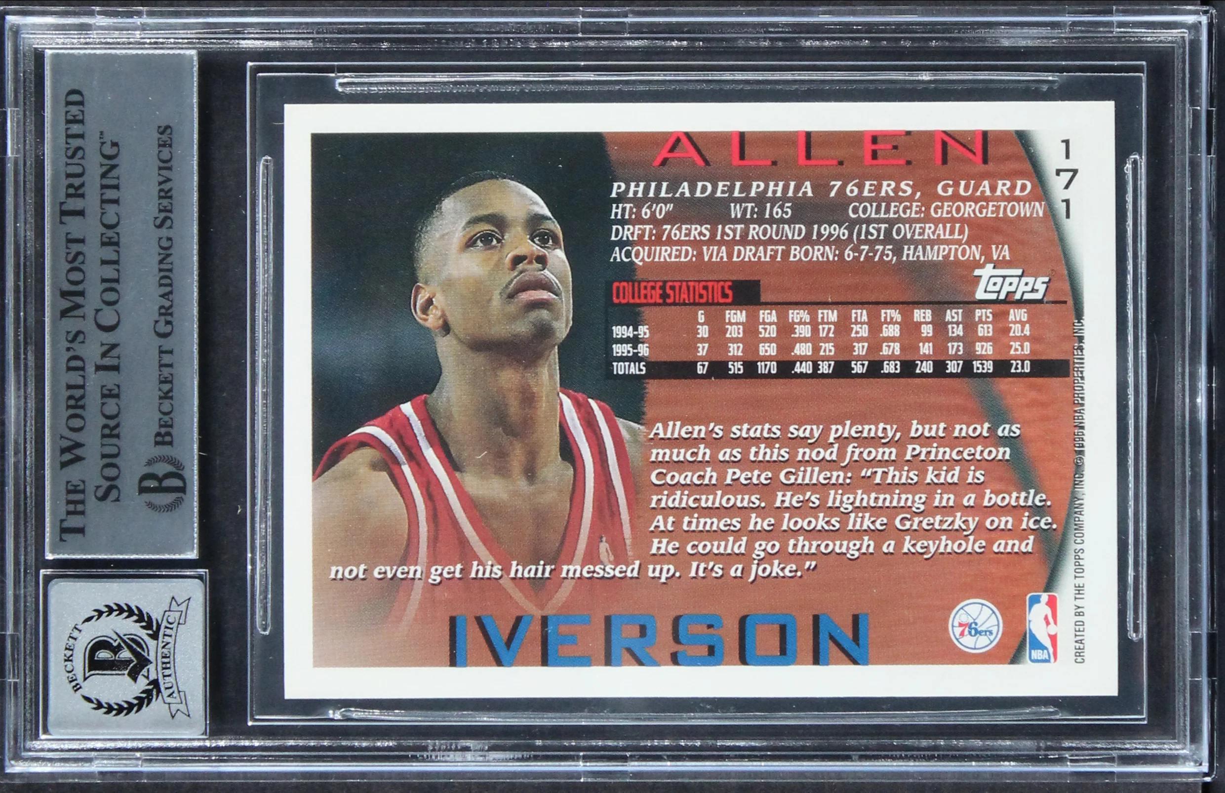 76ers Allen Iverson Signed 1996 Topps #171 Rookie Card Auto 10! BAS Slabbed - Image 3