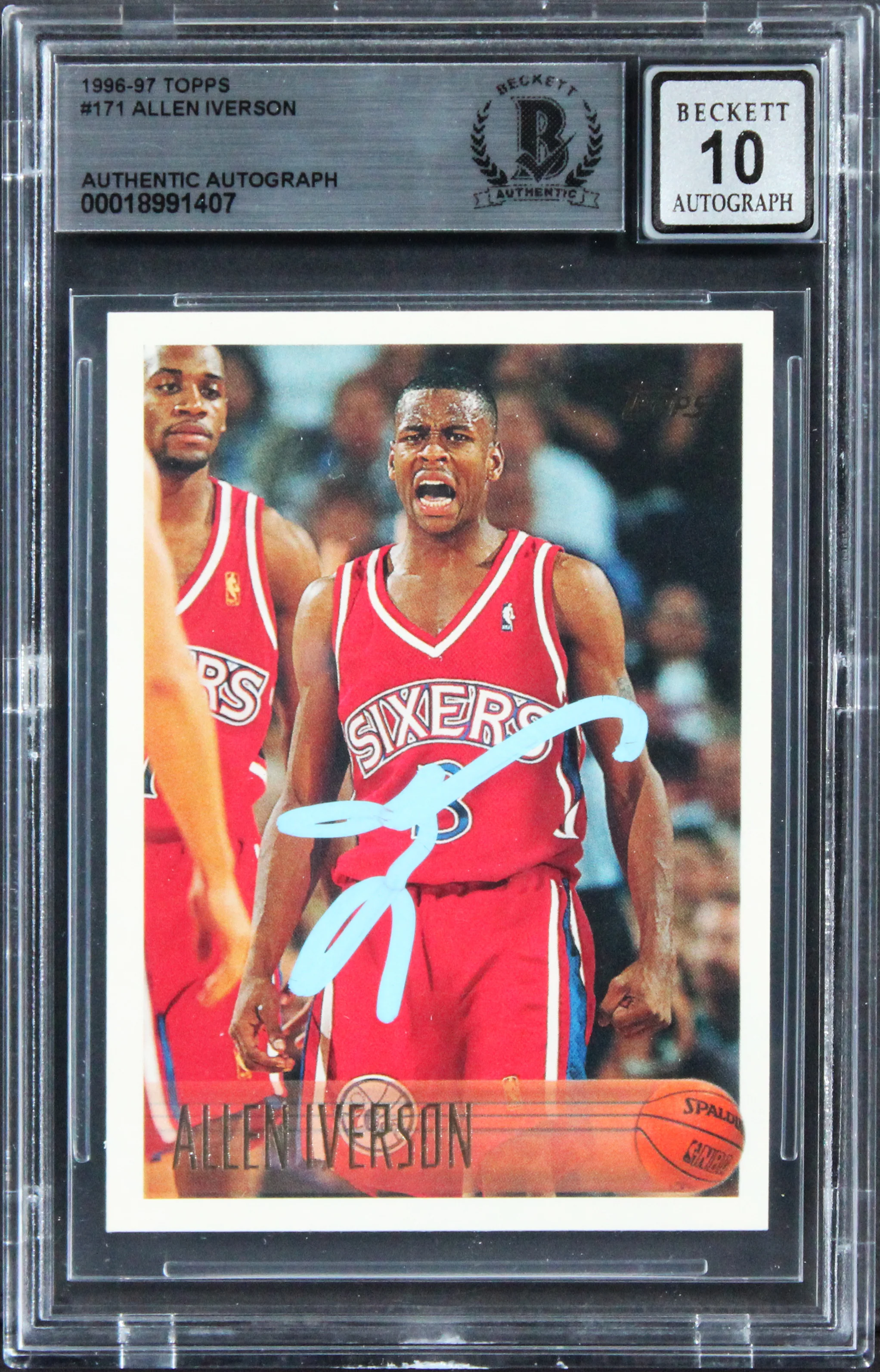 76ers Allen Iverson Signed 1996 Topps #171 Rookie Card Auto Graded 10! BAS Slab - Image 2