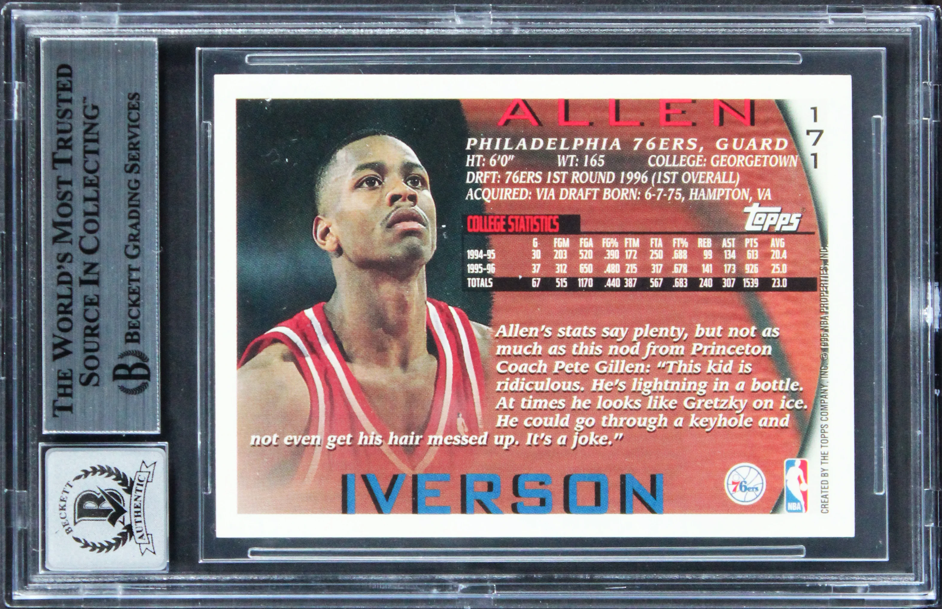 76ers Allen Iverson Signed 1996 Topps #171 Rookie Card Auto Graded 10! BAS Slab - Image 3