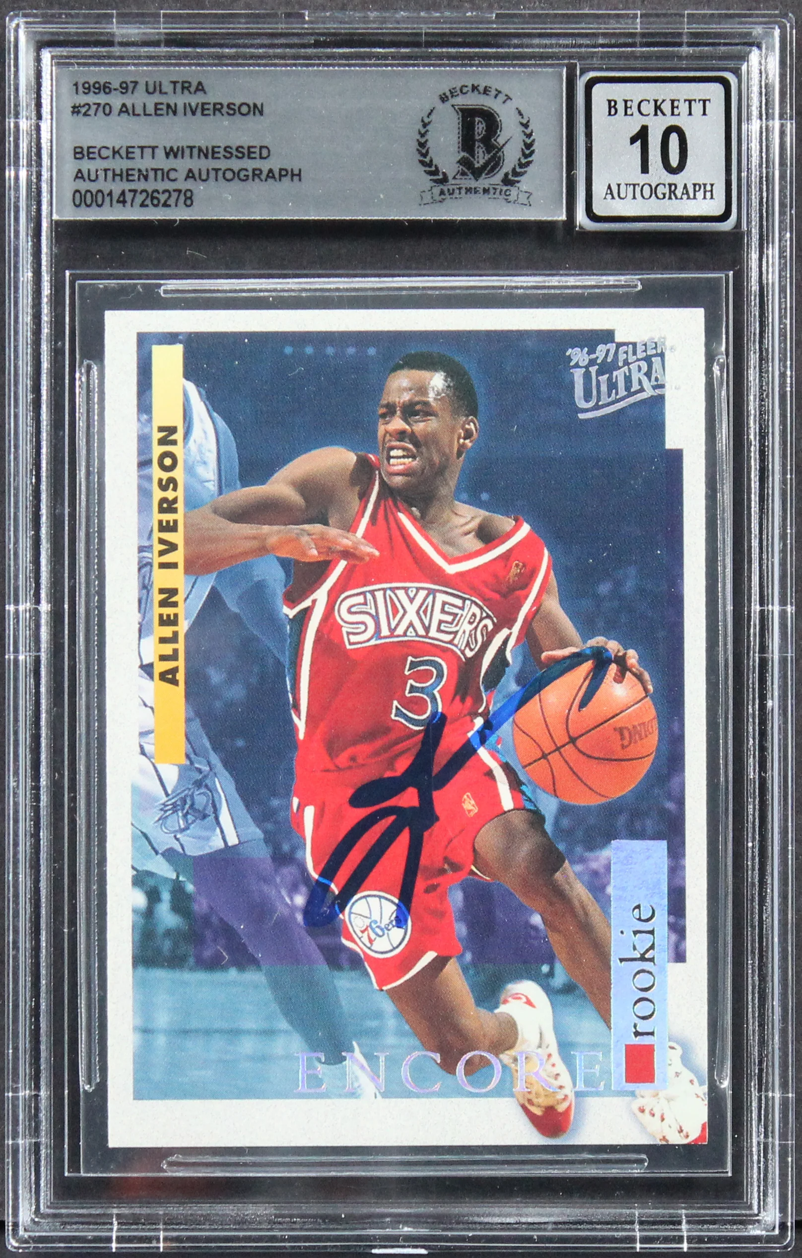 76ers Allen Iverson Signed 1996 Ultra #270 Rookie Card Auto 10! BAS Slabbed - Image 2