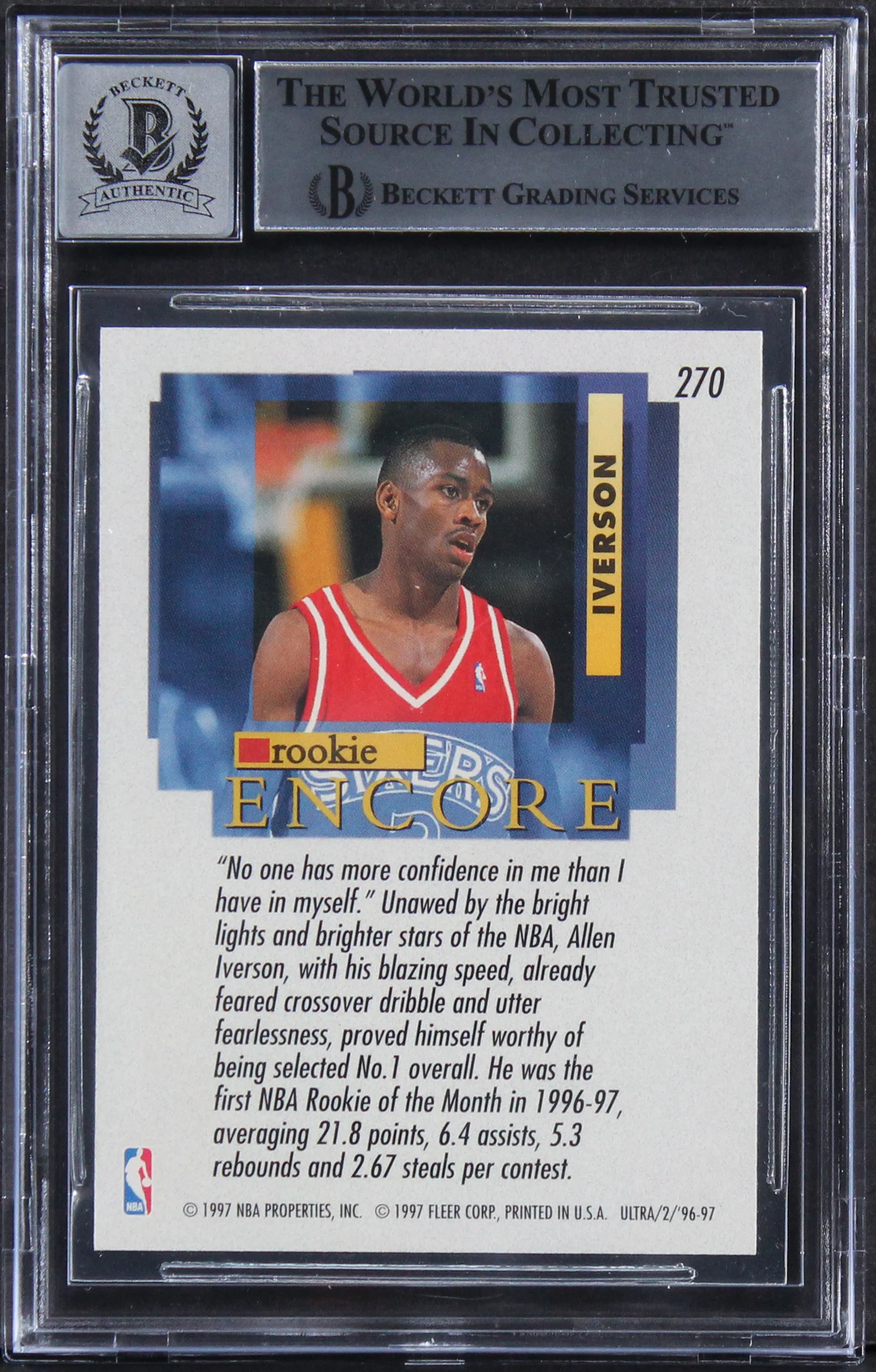 76ers Allen Iverson Signed 1996 Ultra #270 Rookie Card Auto 10! BAS Slabbed - Image 3