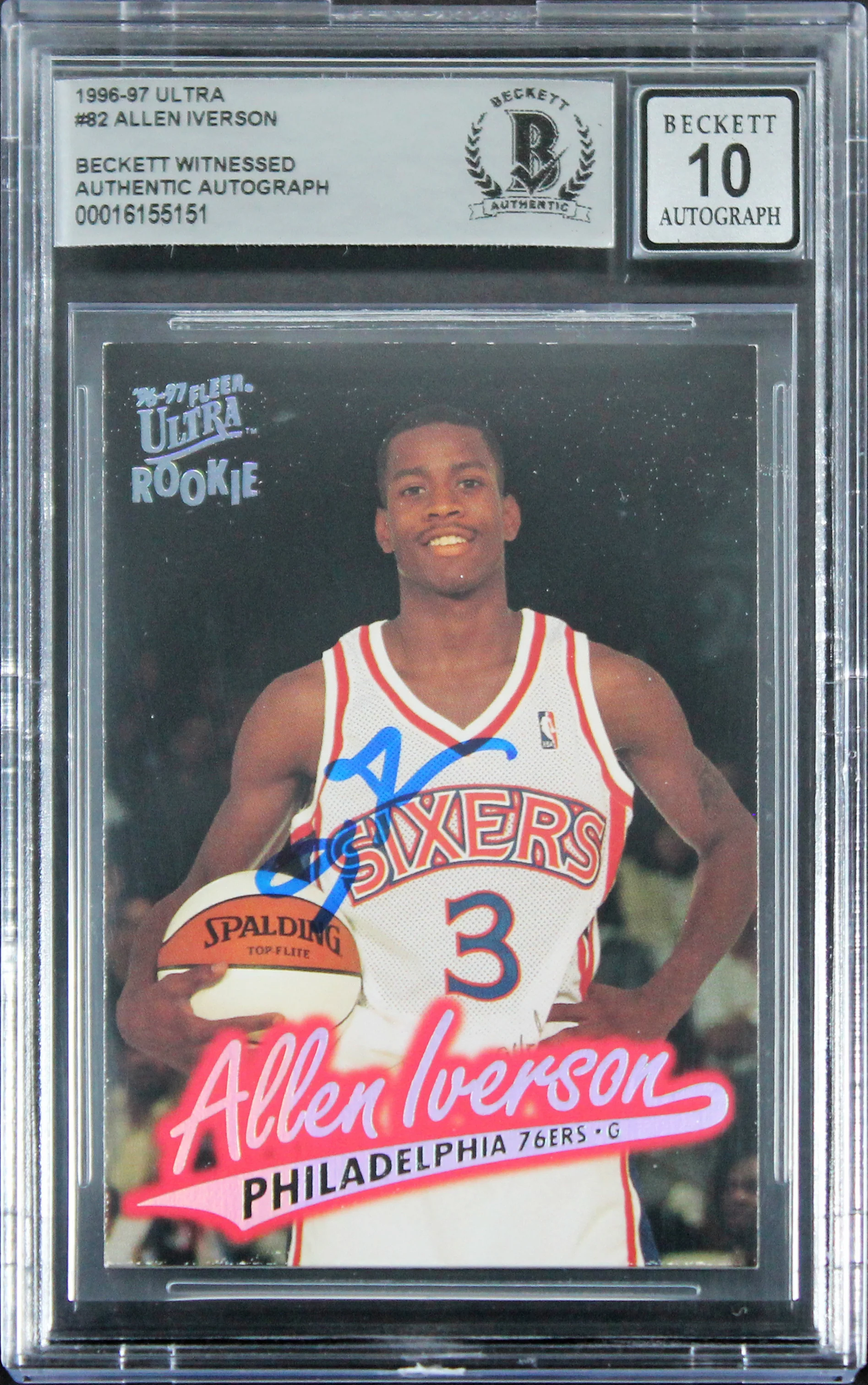 76ers Allen Iverson Signed 1996 Ultra #82 Rookie Card Auto 10! BAS Slabbed 3 - Image 2