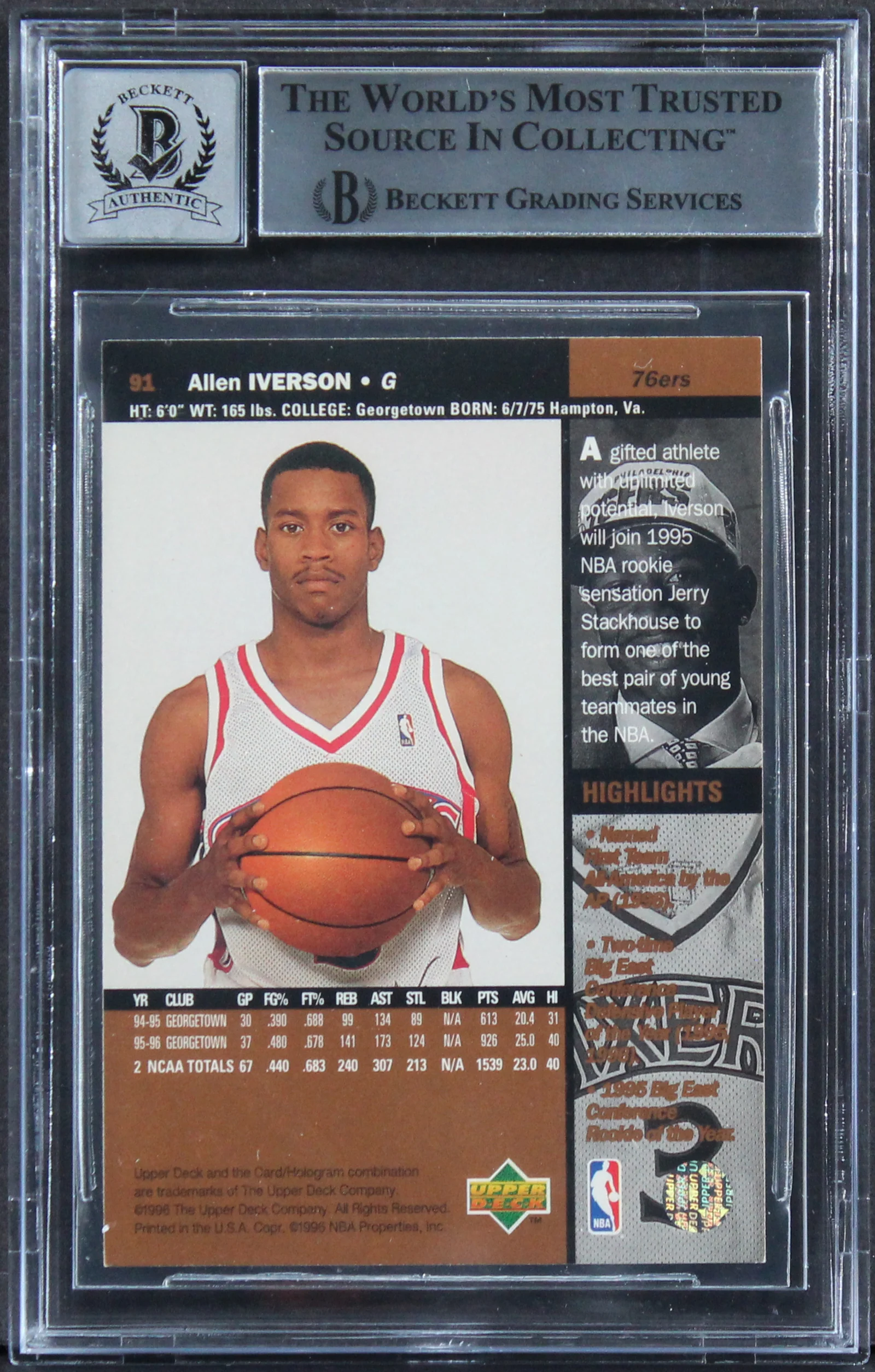 76ers Allen Iverson Signed 1996 Upper Deck #91 Rookie Card Auto 10! BAS Slabbed - Image 3