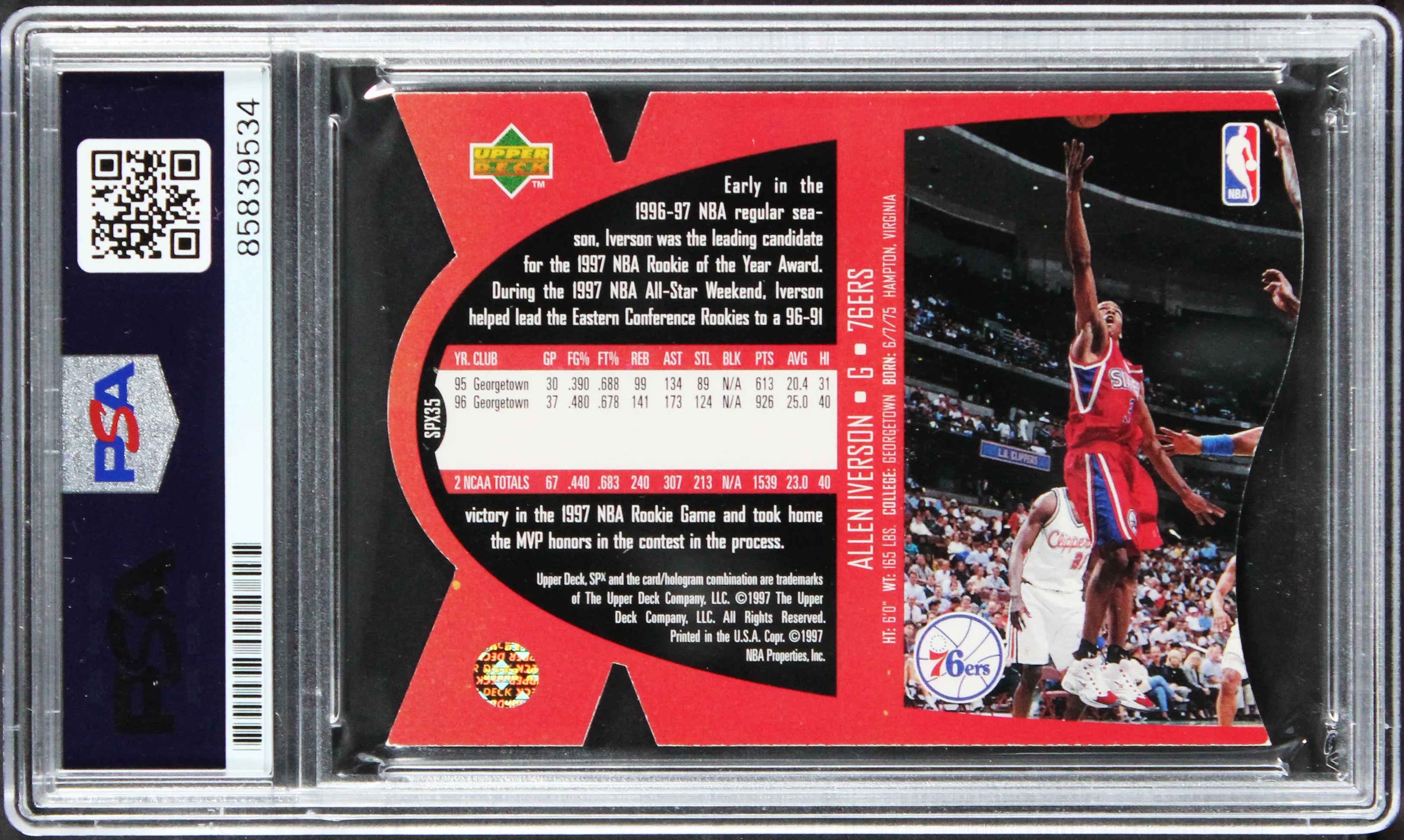 76ers Allen Iverson Signed 1996 Upper Deck SPx #35 Rookie Card PSA/DNA Slabbed - Image 3