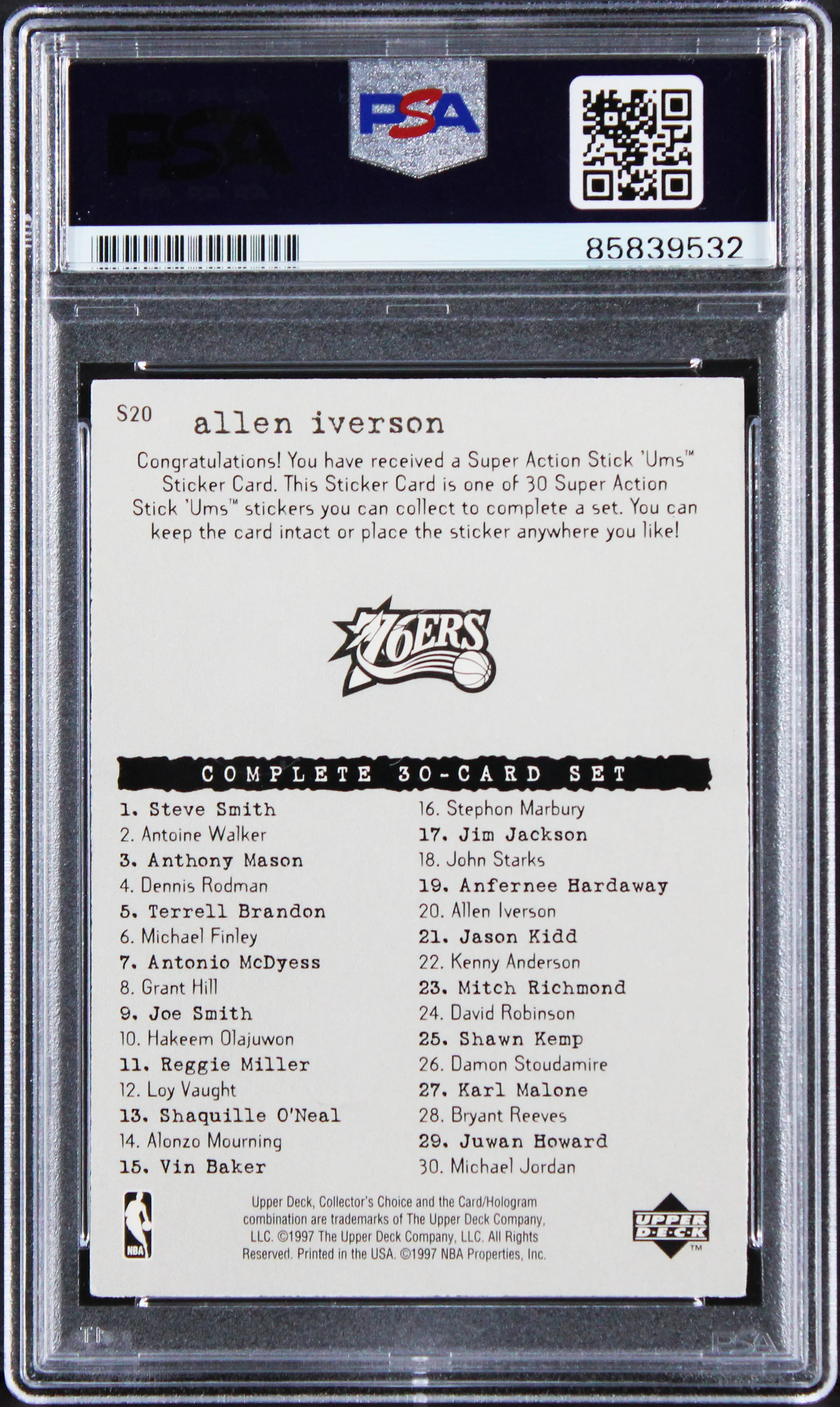 76ers Allen Iverson Signed 1997 Upper Deck Stick-Ums #S20 Card PSA/DNA Slabbed - Image 3