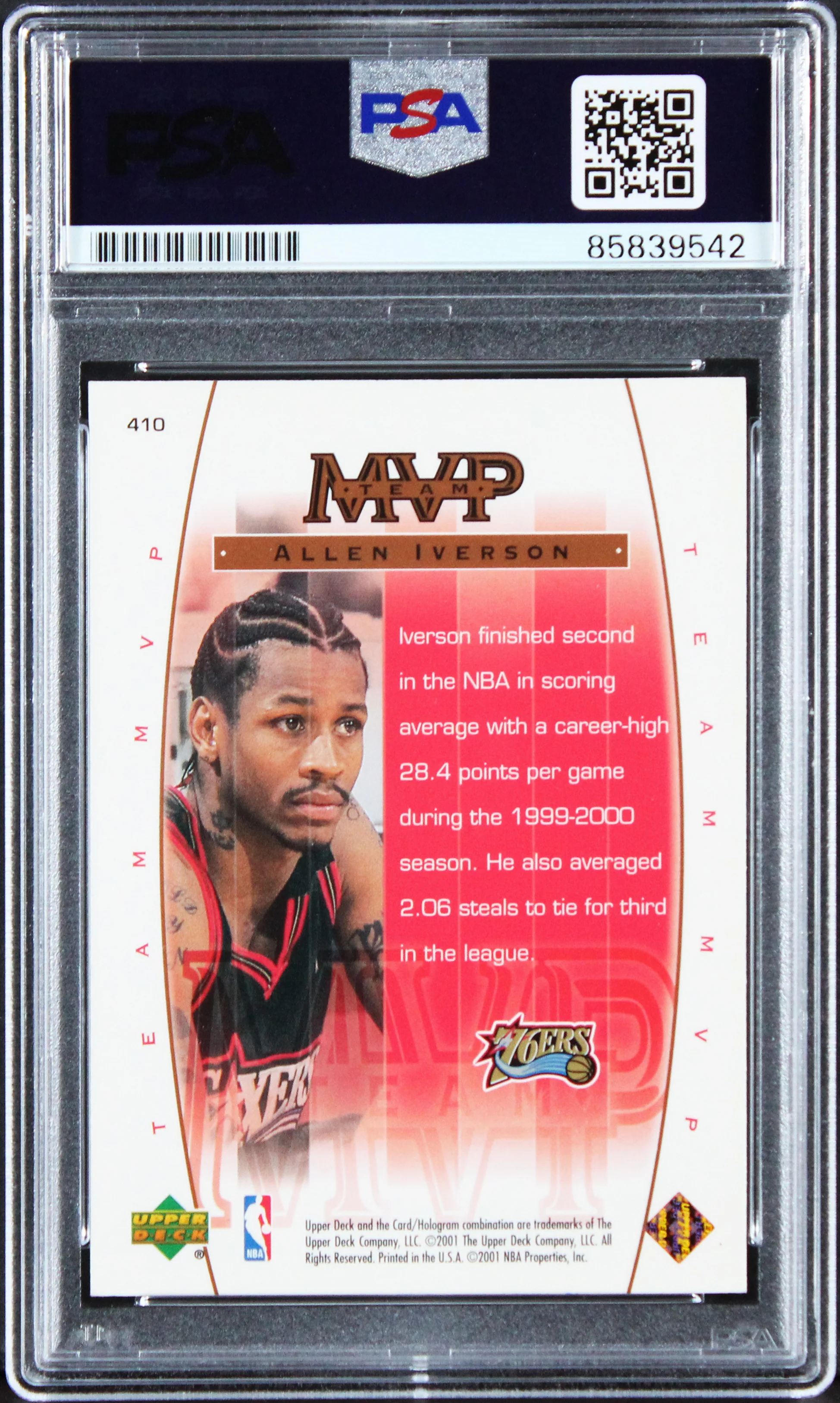 76ers Allen Iverson Signed 2000 Upper Deck GJ Edition #410 Card PSA/DNA Slabbed - Image 3
