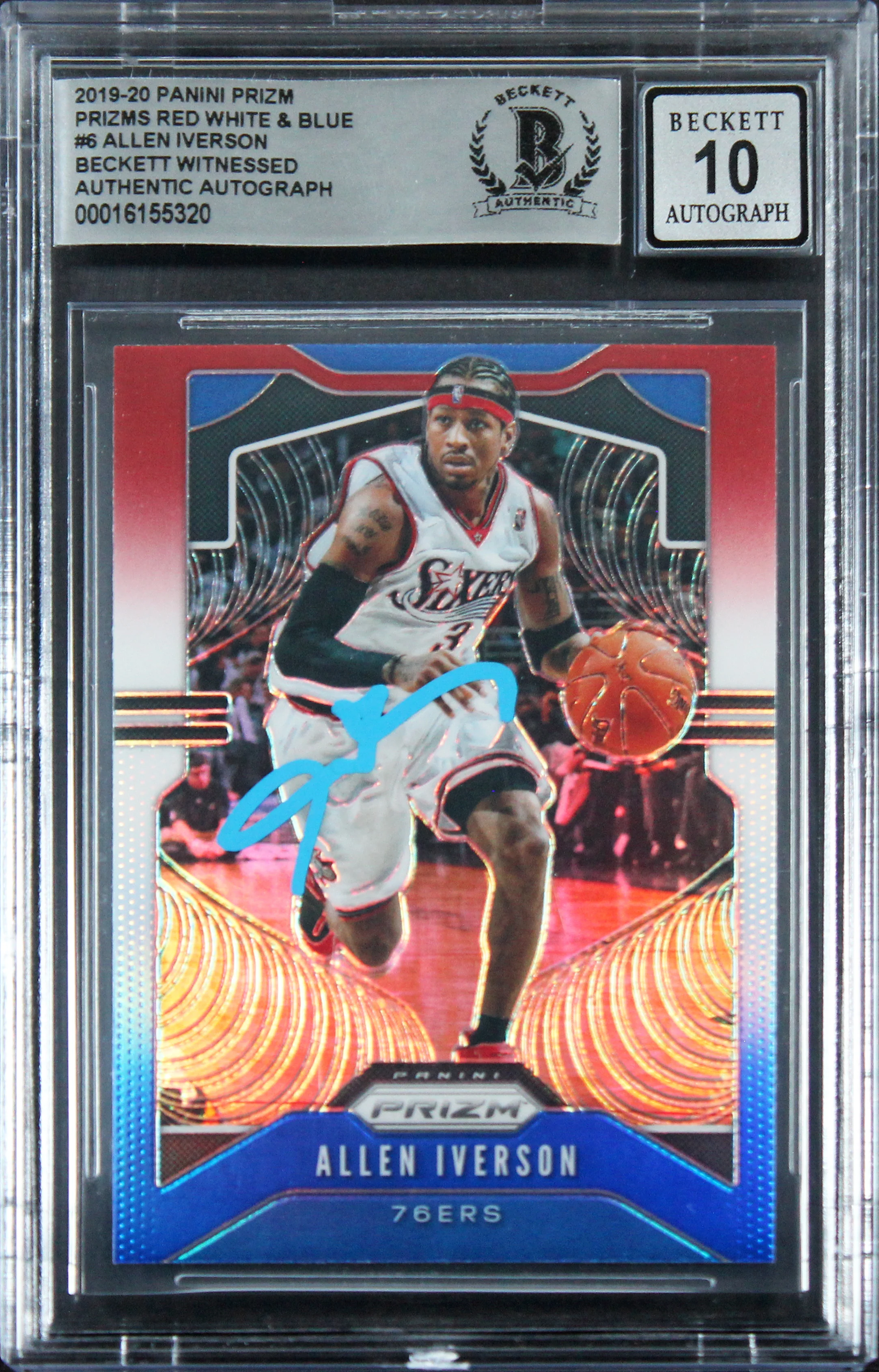 76ers Allen Iverson Signed 2019 Panini Prizm RW&B #6 Card Auto 10! BAS Slabbed - Image 2