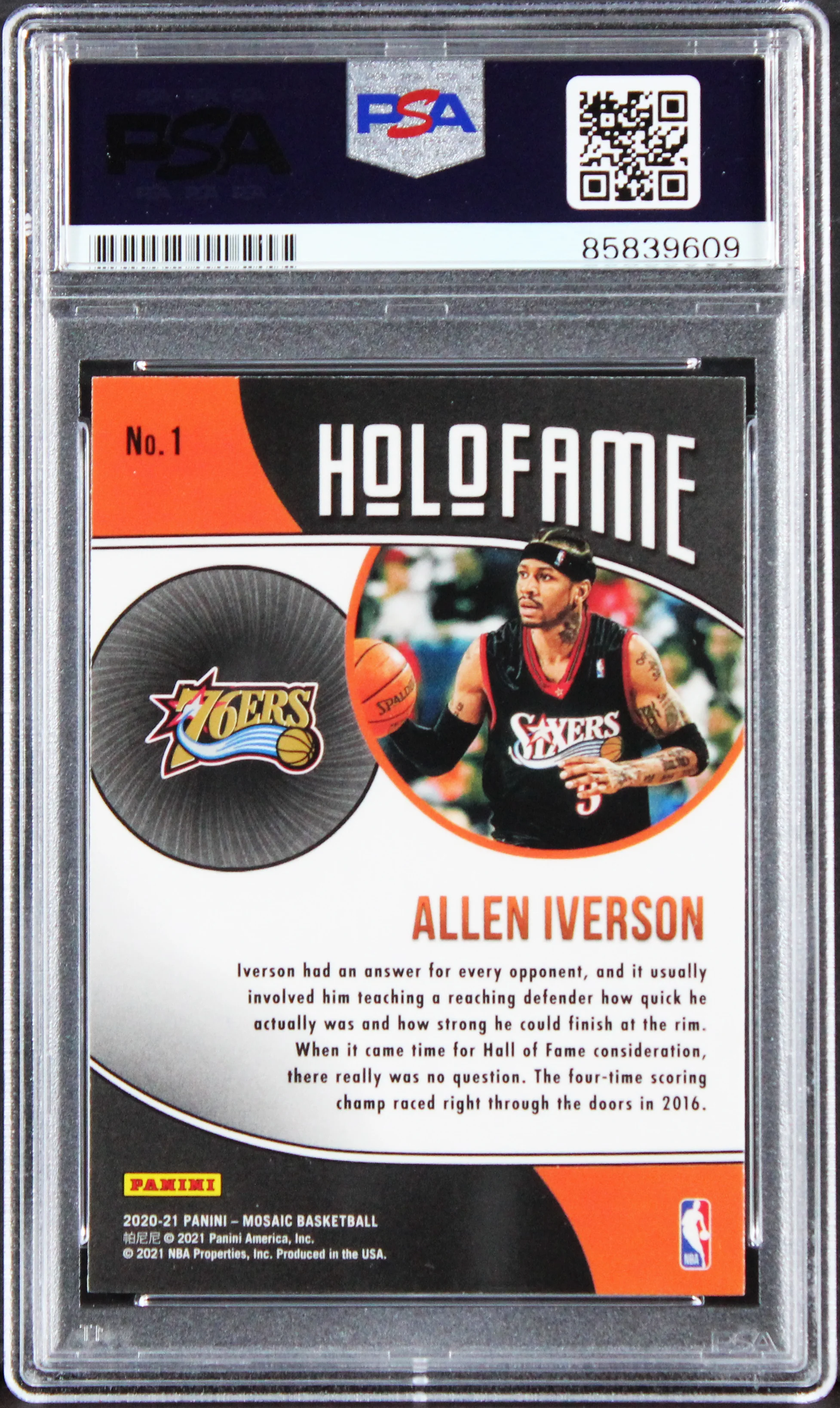 76ers Allen Iverson Signed 2020 Panini Mosaic Holofame #1 Card PSA/DNA Slabbed - Image 3