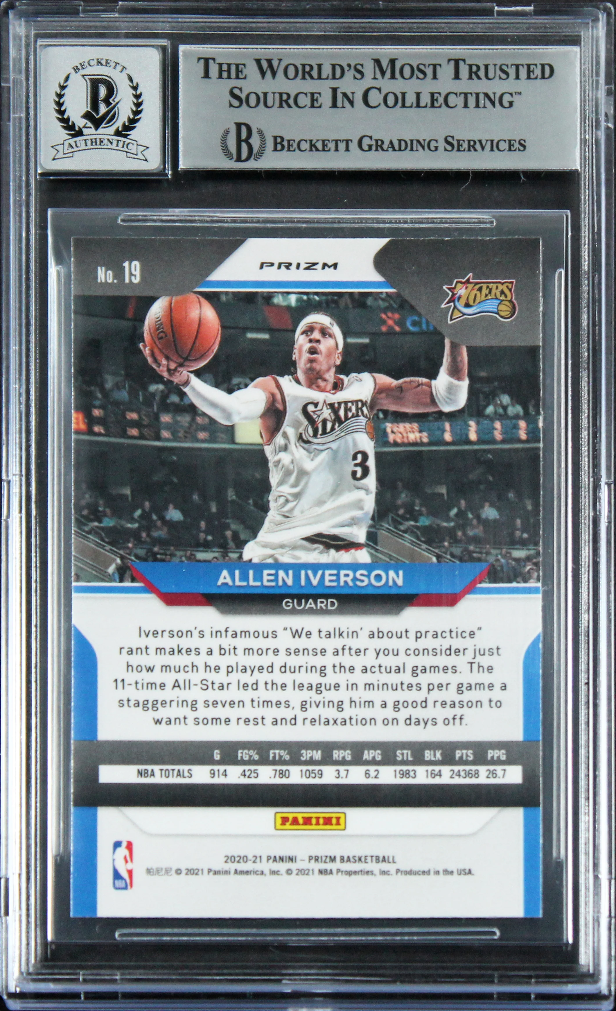 76ers Allen Iverson Signed 2020 Panini Prizm Silver #19 Card Auto 10! BAS Slab - Image 3