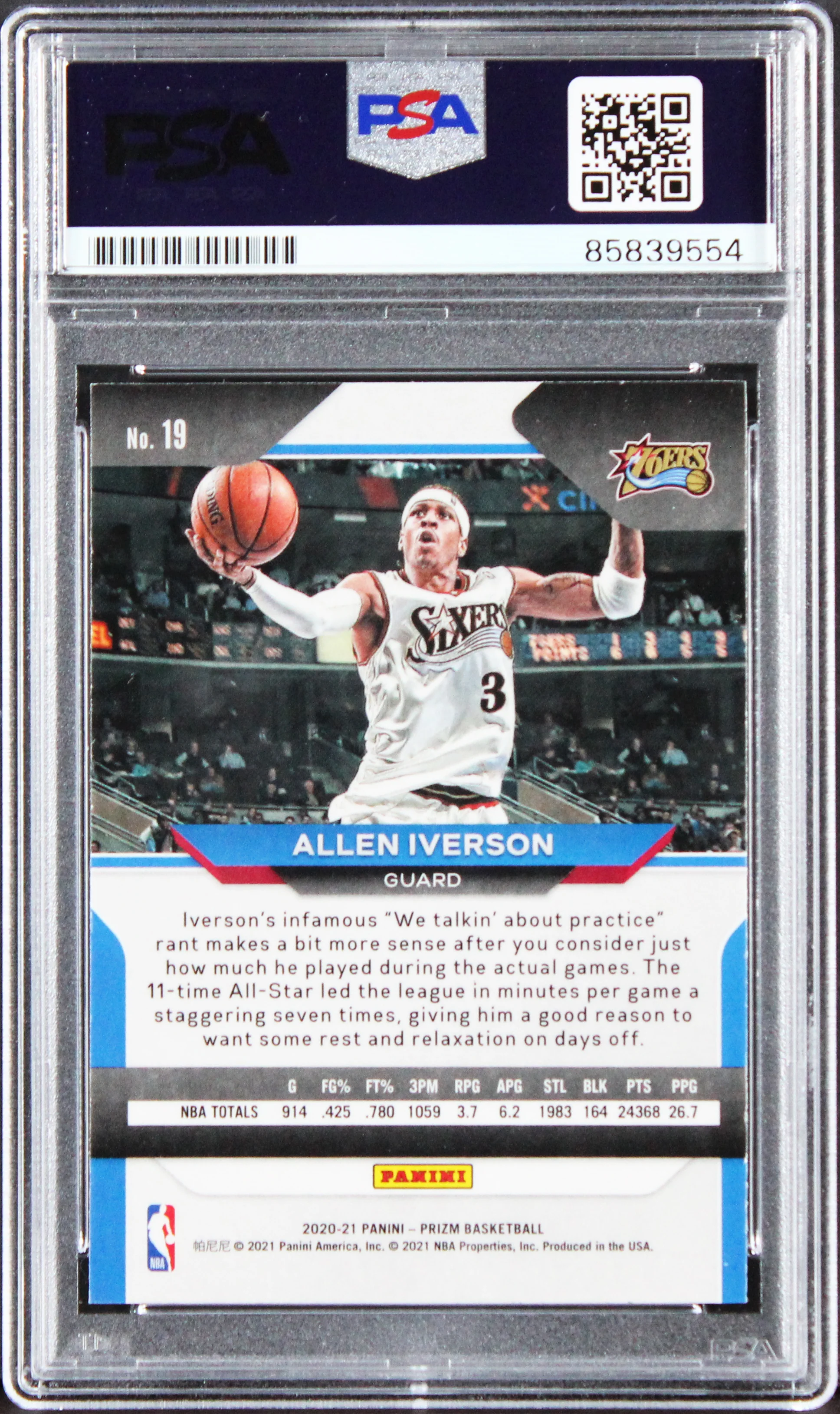 76ers Allen Iverson Signed 2020 Panini Prizm Silver #19 Card PSA/DNA Slabbed - Image 3