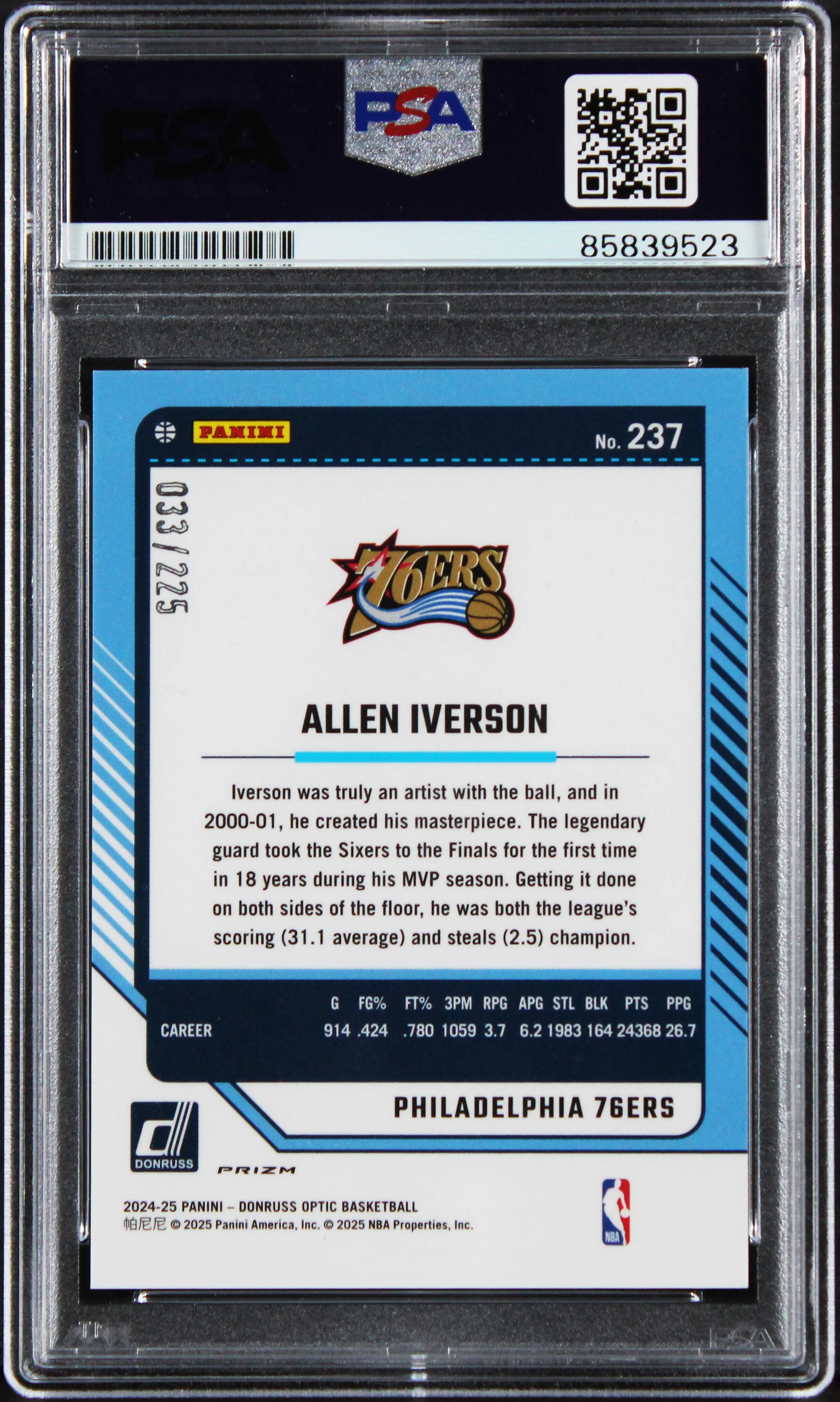 76ers Allen Iverson Signed 2024 Donruss Optic #237 33/225 Card PSA/DNA Slabbed - Image 3