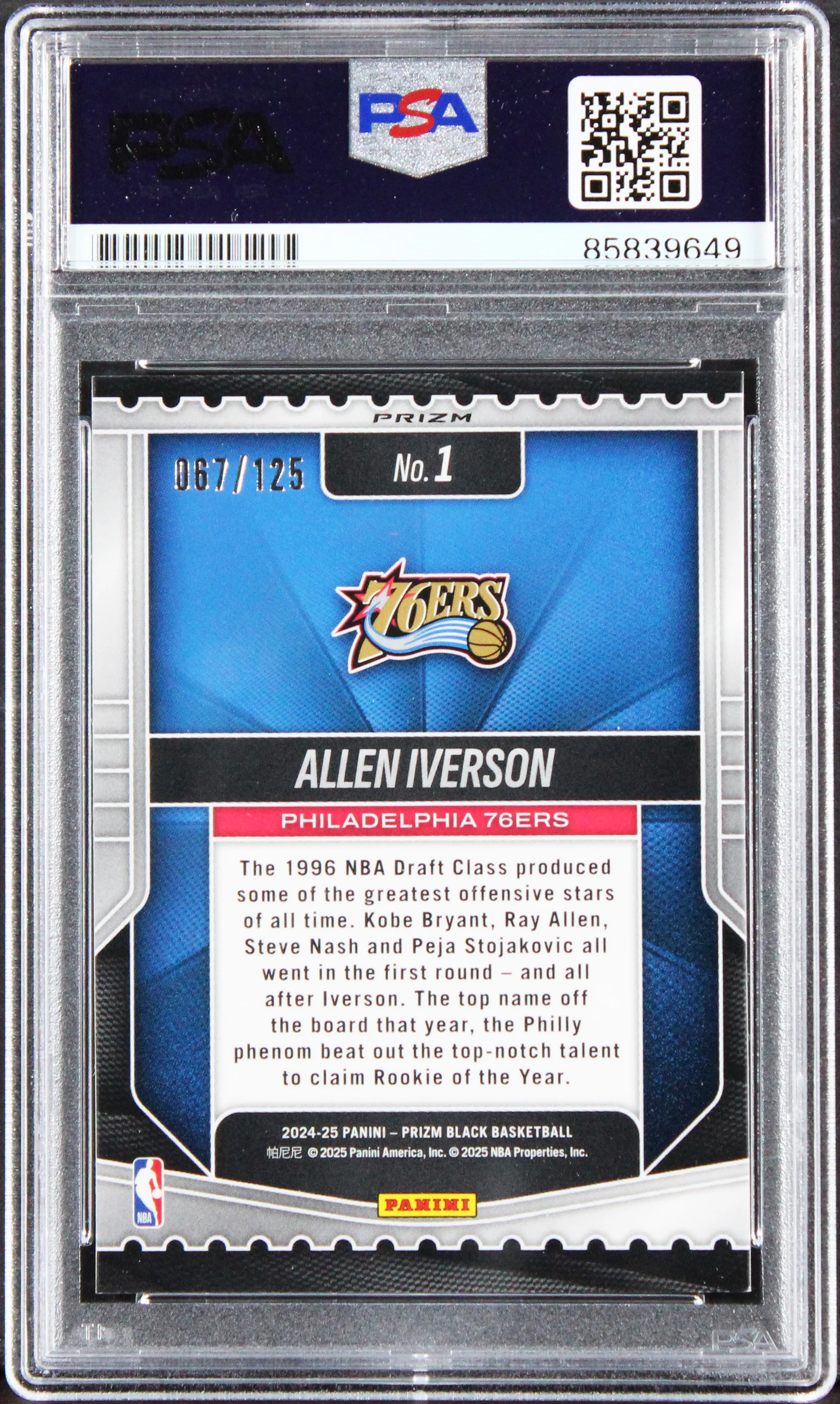 76ers Allen Iverson Signed 2024 Panini Prizm Lottery #1 67/125 Card PSA/DNA Slab - Image 3