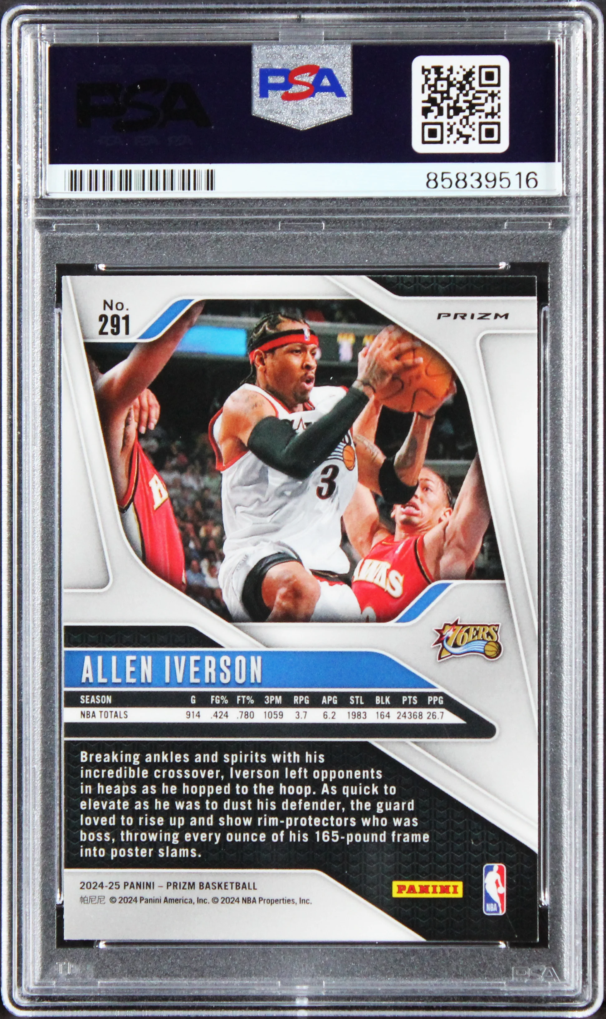 76ers Allen Iverson Signed 2024 Panini Prizm Red Sparkle #291 Card PSA/DNA Slab - Image 3
