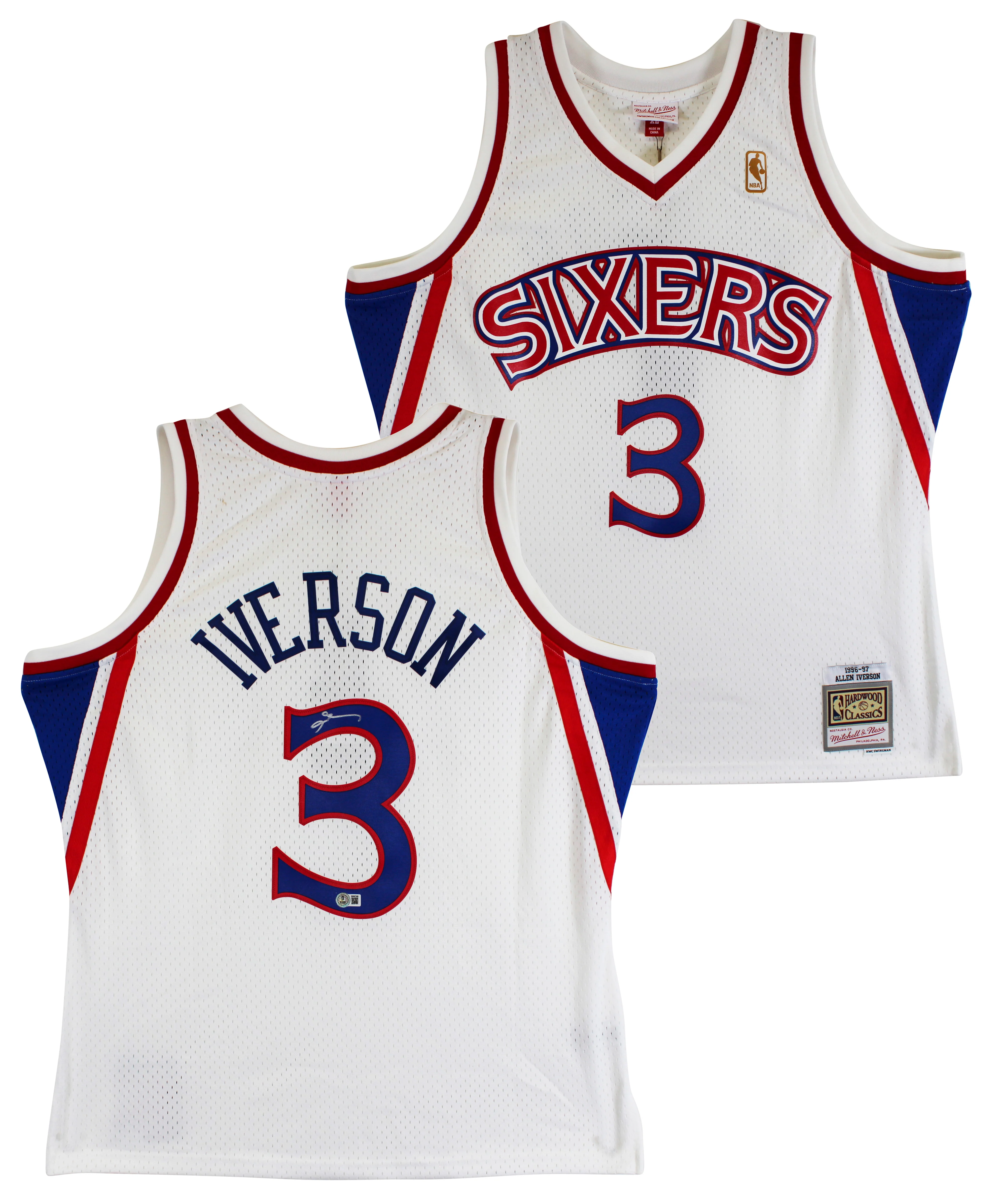 76ers Allen Iverson Signed White 1996-97 M&N HWC Swingman Jersey BAS Witnessed - Image 2