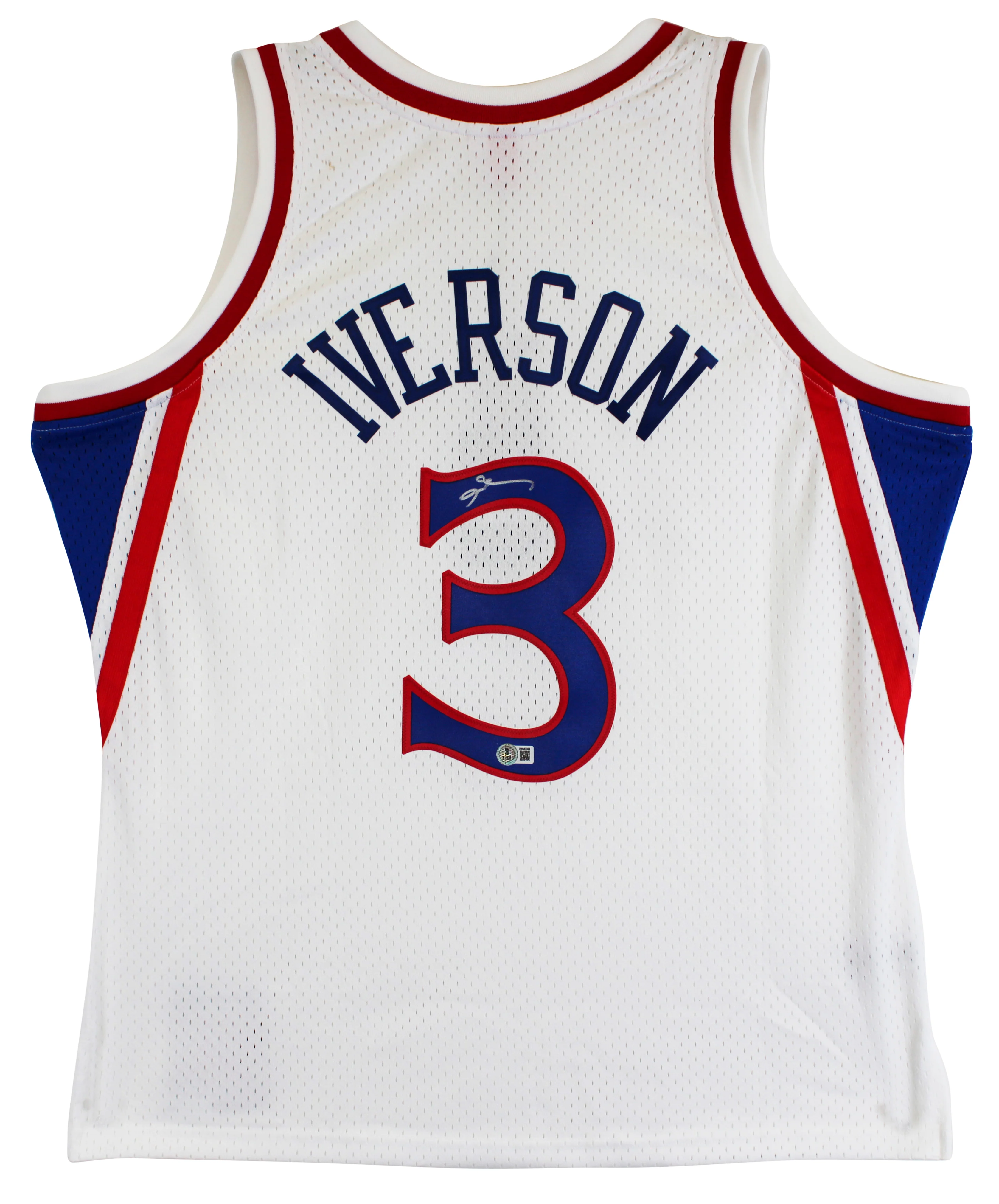 76ers Allen Iverson Signed White 1996-97 M&N HWC Swingman Jersey BAS Witnessed - Image 3