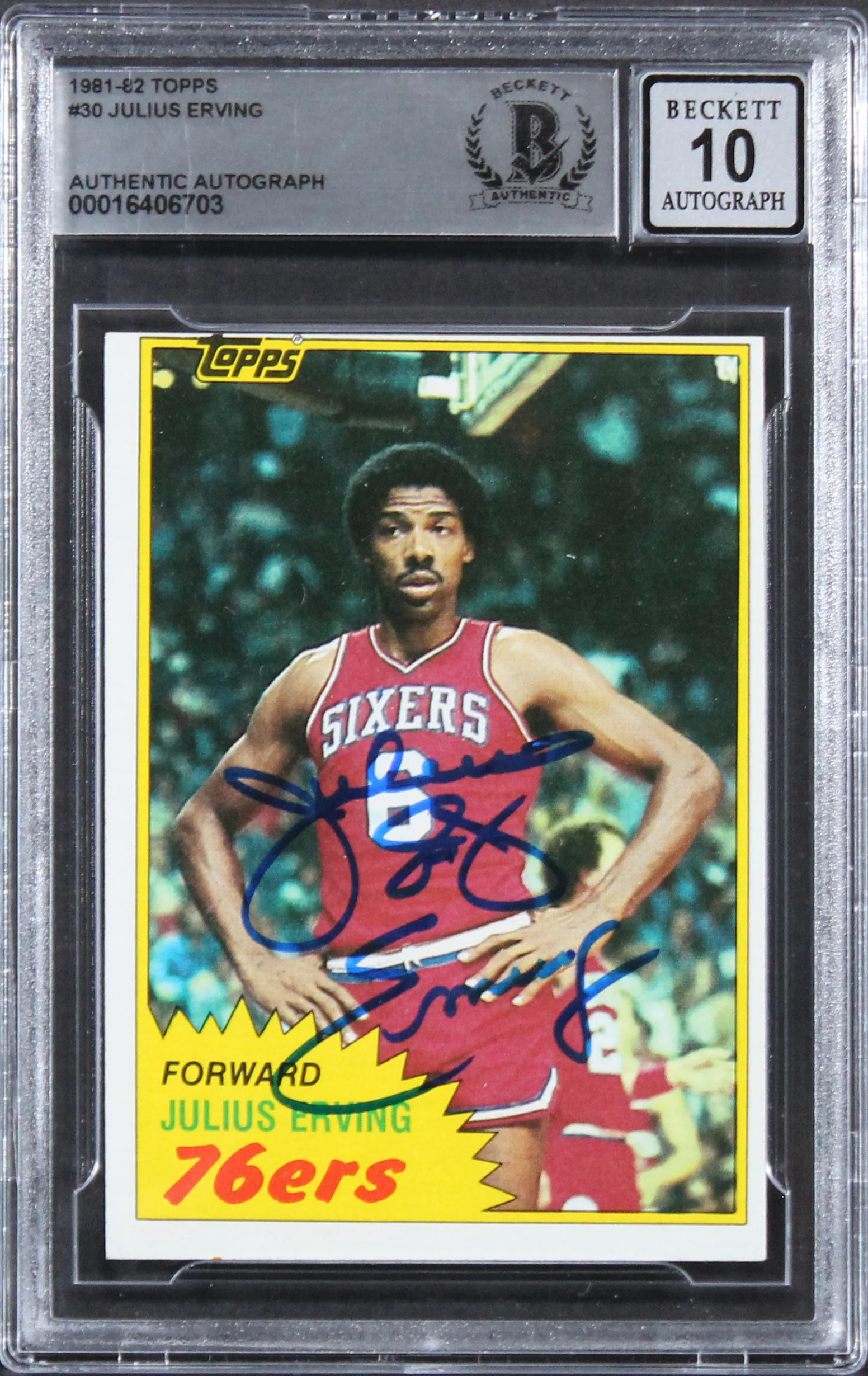 76ers Julius "Dr. J." Erving Signed 1981 Topps #30 Card Auto 10! BAS Slab 2 - Image 2