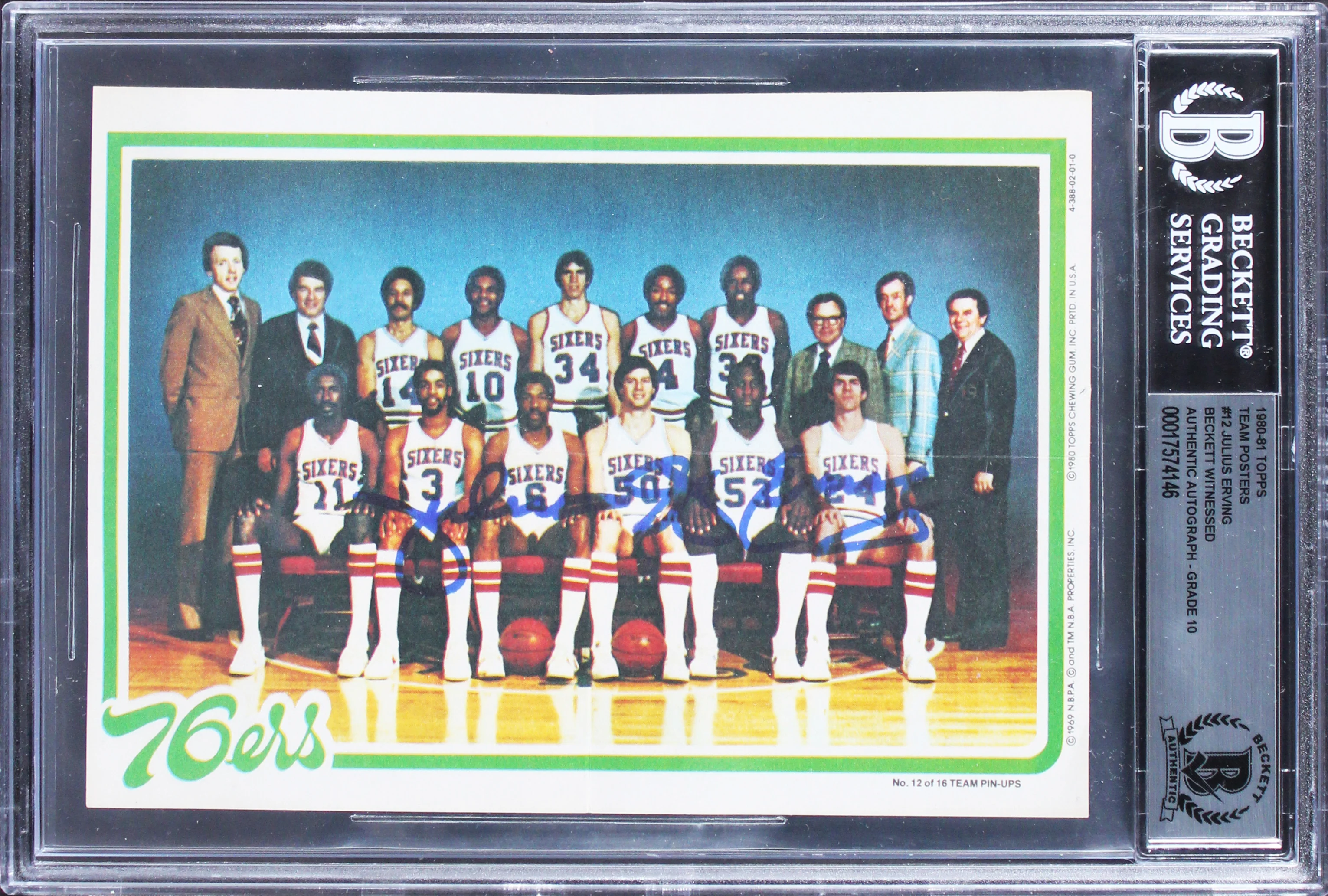 76ers Julius Erving Signed 1980 Topps Team Posters #12 Card Auto 10! BAS Slabbed - Image 2