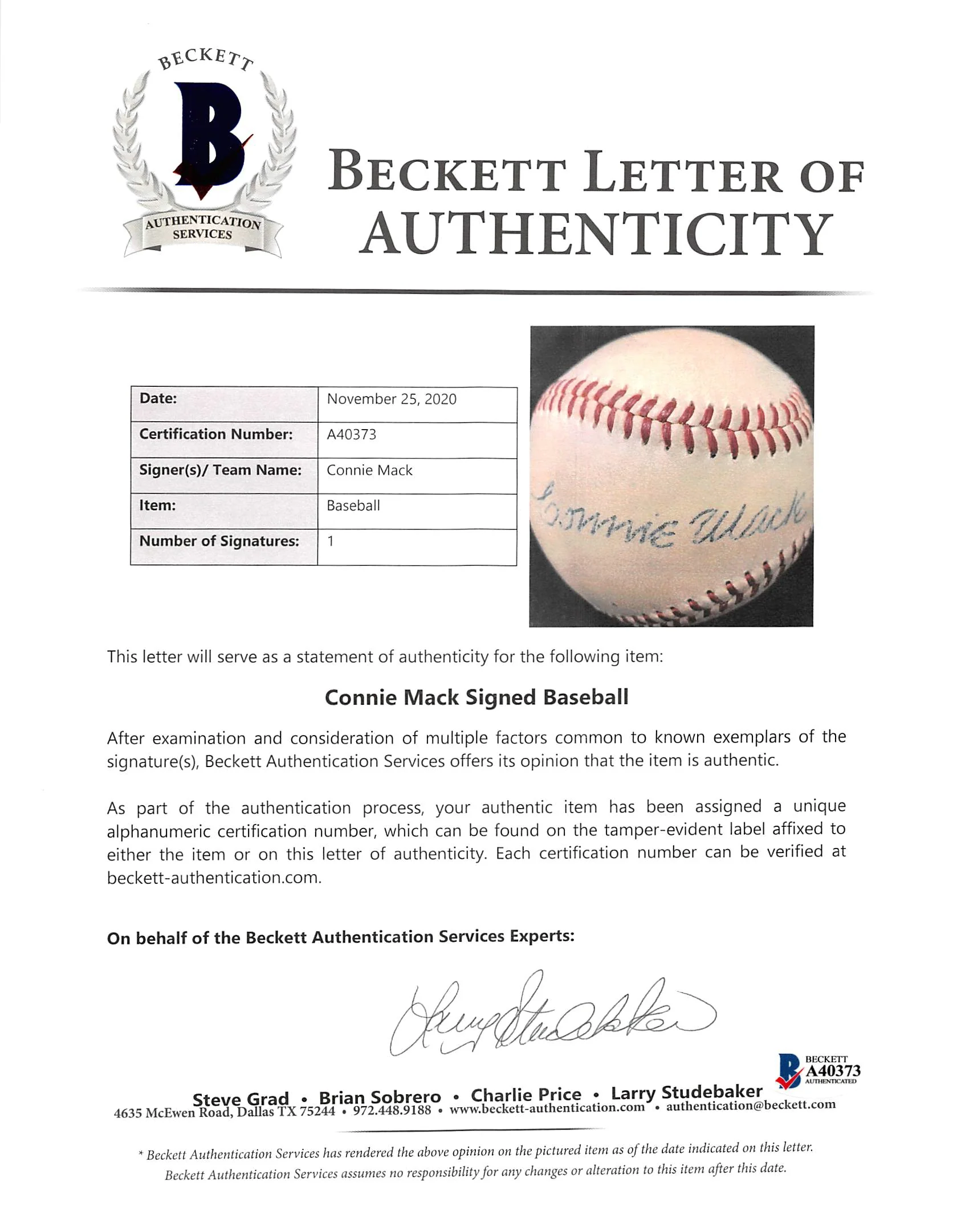 A's Connie Mack Authentic Signed Harridge Oal Baseball Autographed BAS #A40373 - Image 8