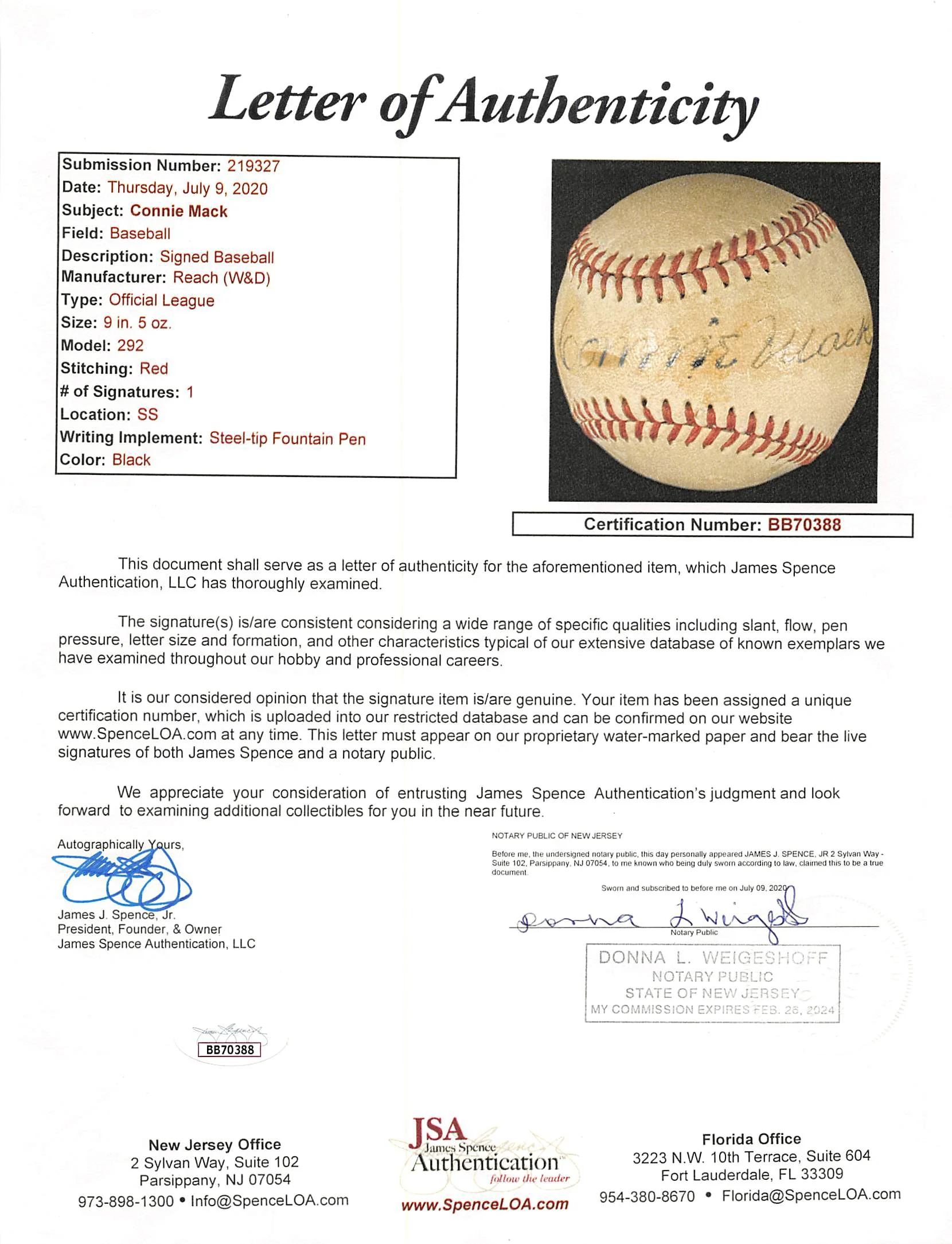 A's Connie Mack Authentic Signed Reach Official League Baseball JSA #BB70388 - Image 8