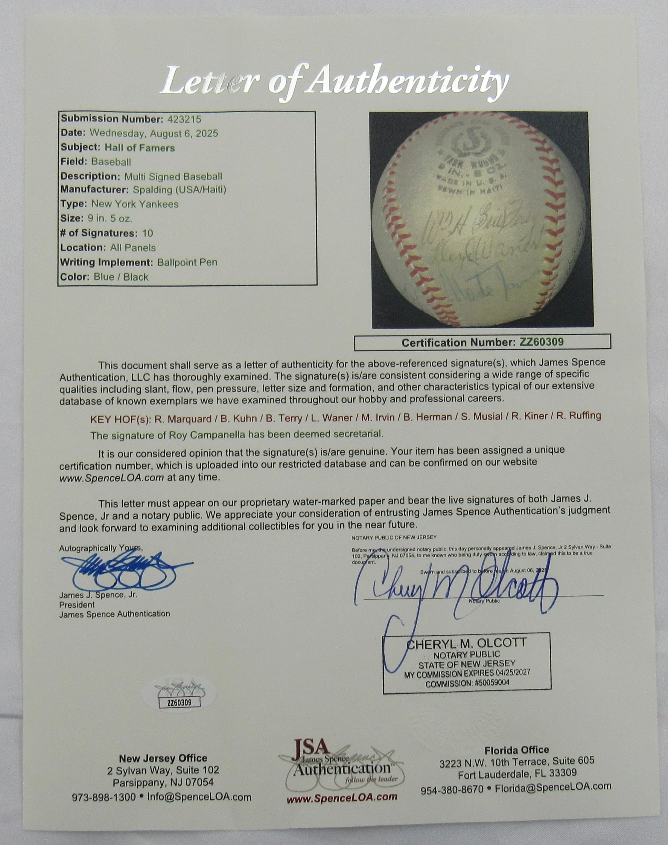 Hall of Famers Signed Rube Marquard, Bowie Kuhn, Bill Terry, Lloyd Waner, Red Ruffing Auto Baseball JSA LOA ZZ60309 - Image 2