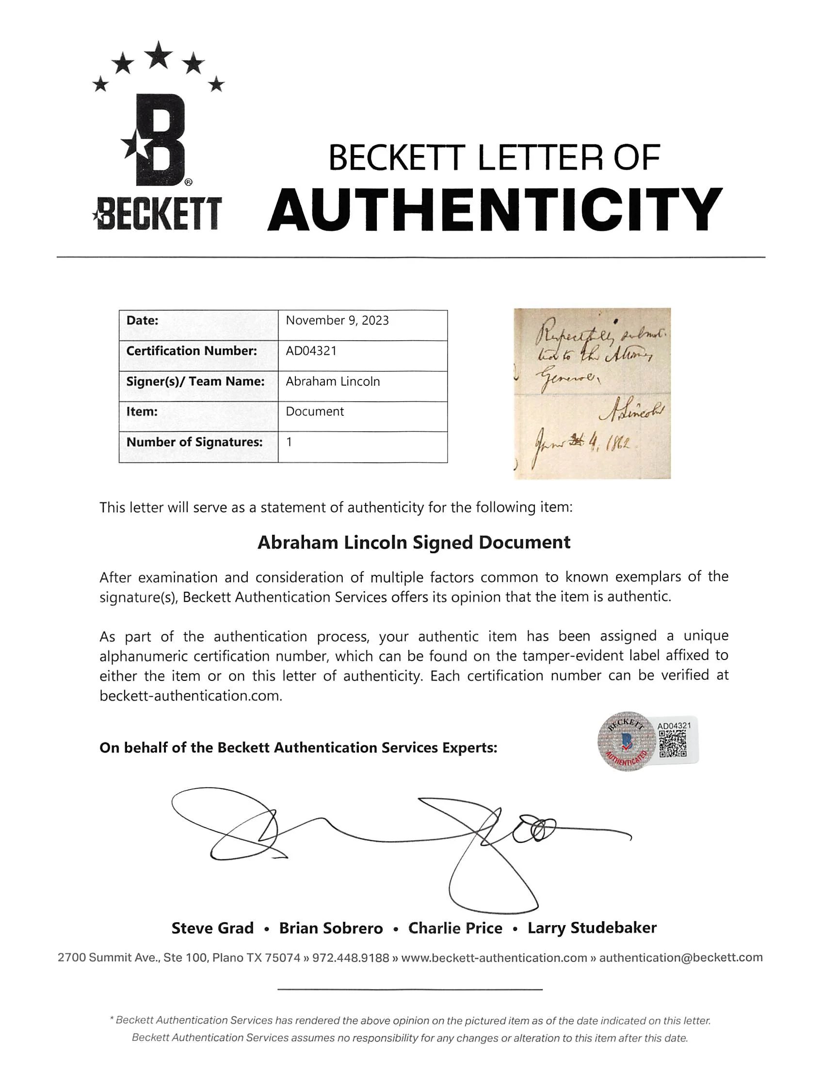 Abraham Lincoln "Respectfully June 4, 1862" Signed 7.5x11.5 Letter BAS #AD04321 - Image 5