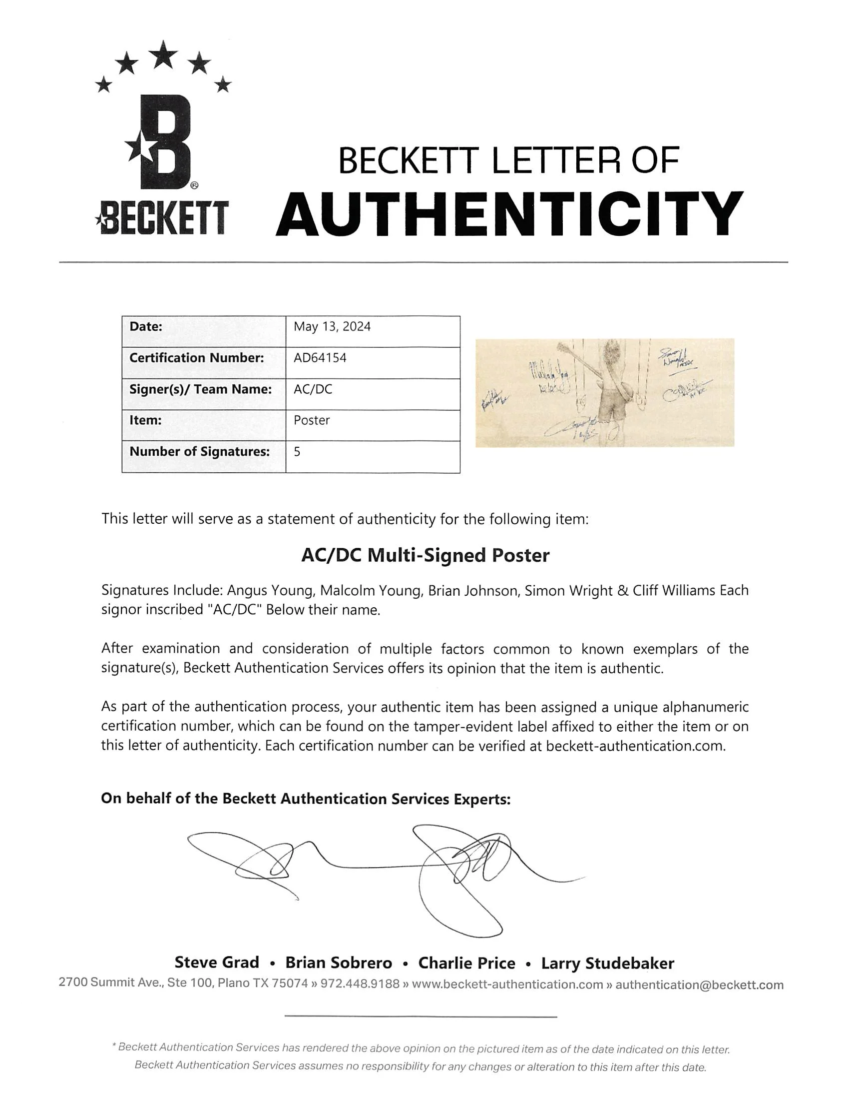 AC/DC (5) Angus, Malcolm, Johnson, Rudd, Williams Signed Poster BAS #AD64154 - Image 9