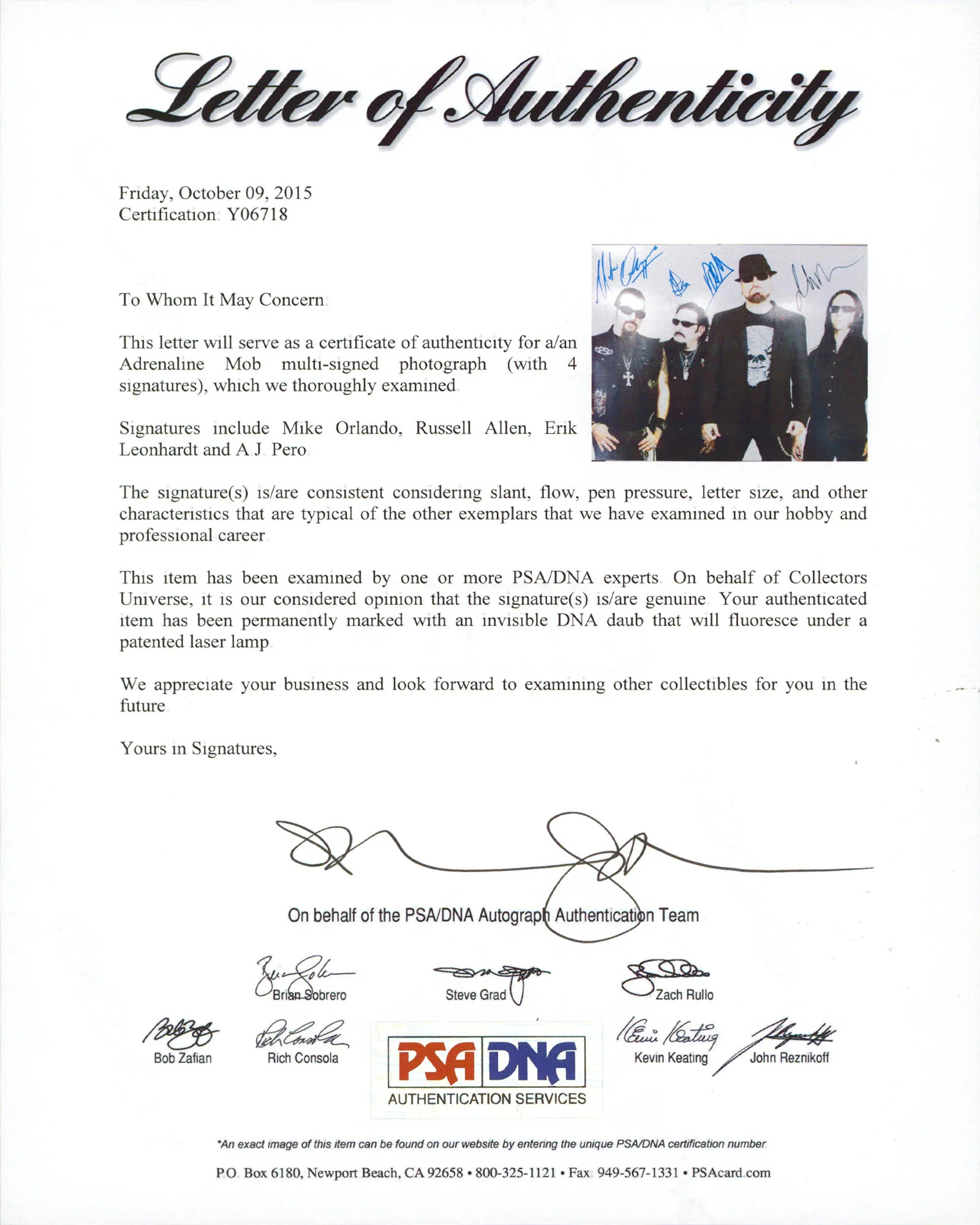 Adrenaline Mob (4) Orlando, Allen, Leonhardt & Pero Signed 11x14 Photo PSA 1 - Image 3