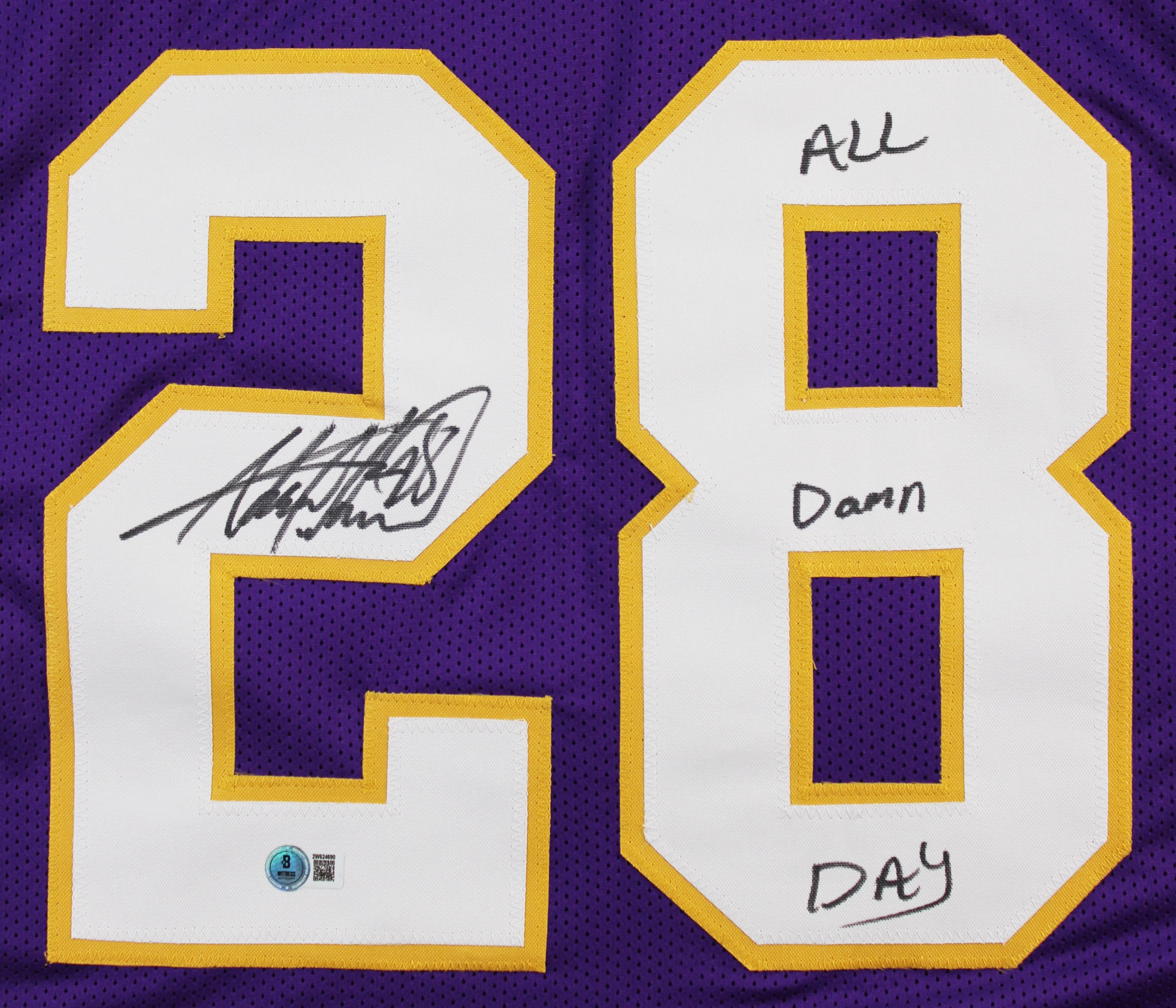 Adrian Peterson "All Damn Day" Signed Purple Pro Style Jersey BAS Witnessed - Image 3