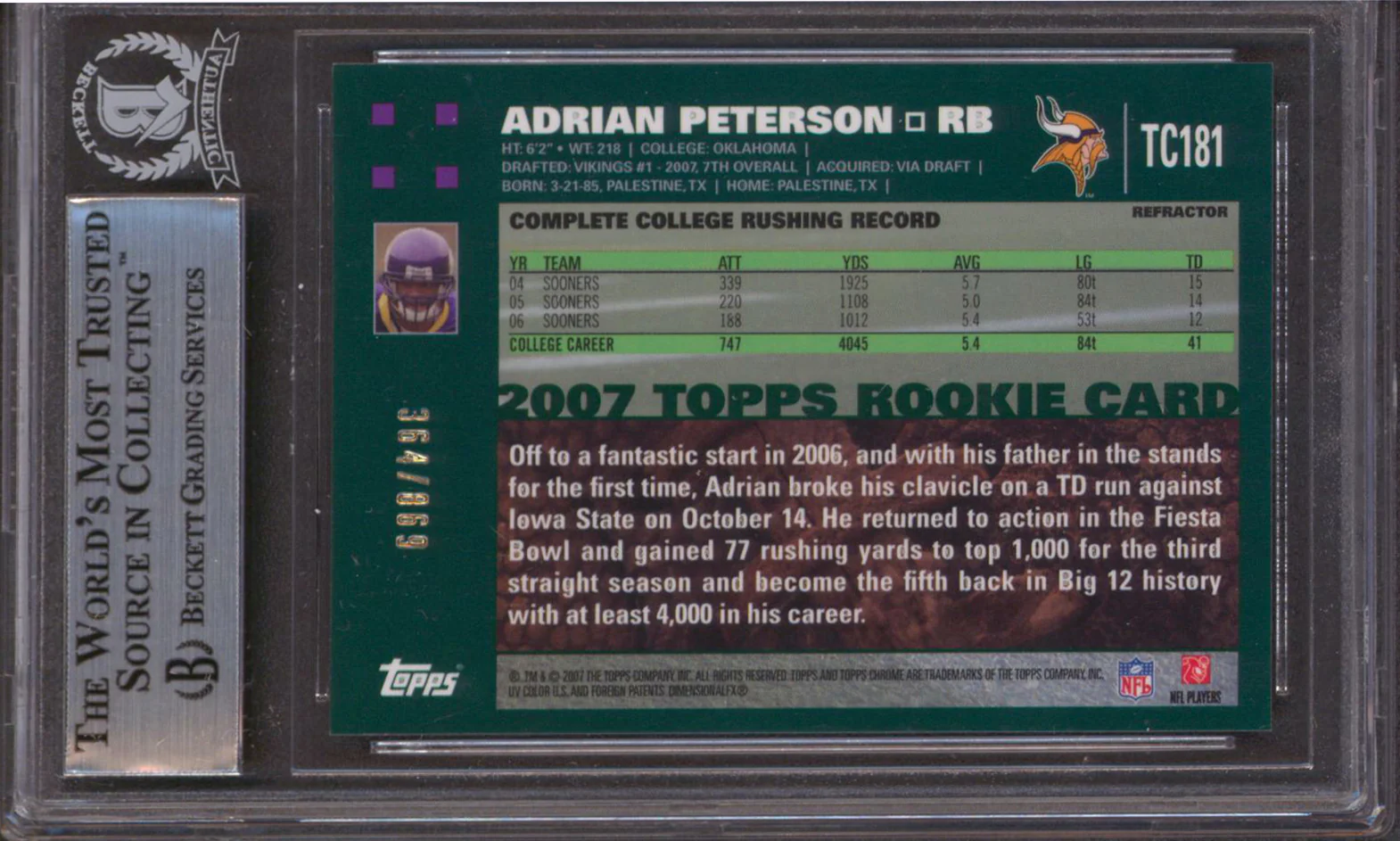 Adrian Peterson Signed 2007 Topps Chrome White Refractors #TC81 RC Card BAS Slab - Image 3