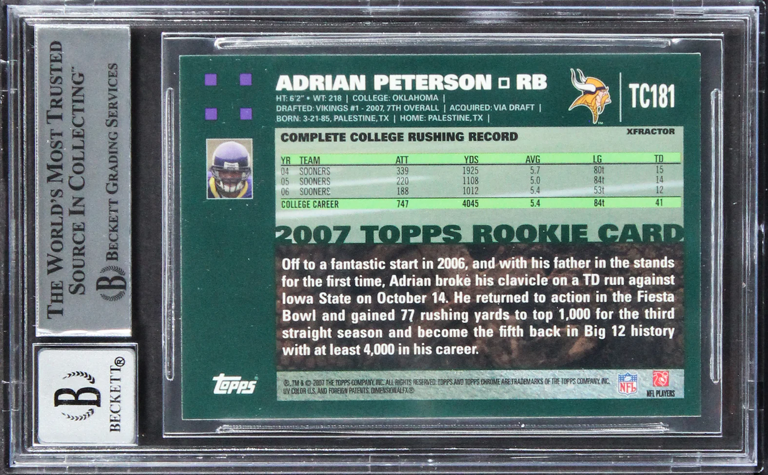 Adrian Peterson Signed 2007 Topps Chrome Xfractors #TC181 Card Auto 10! BAS Slab - Image 3