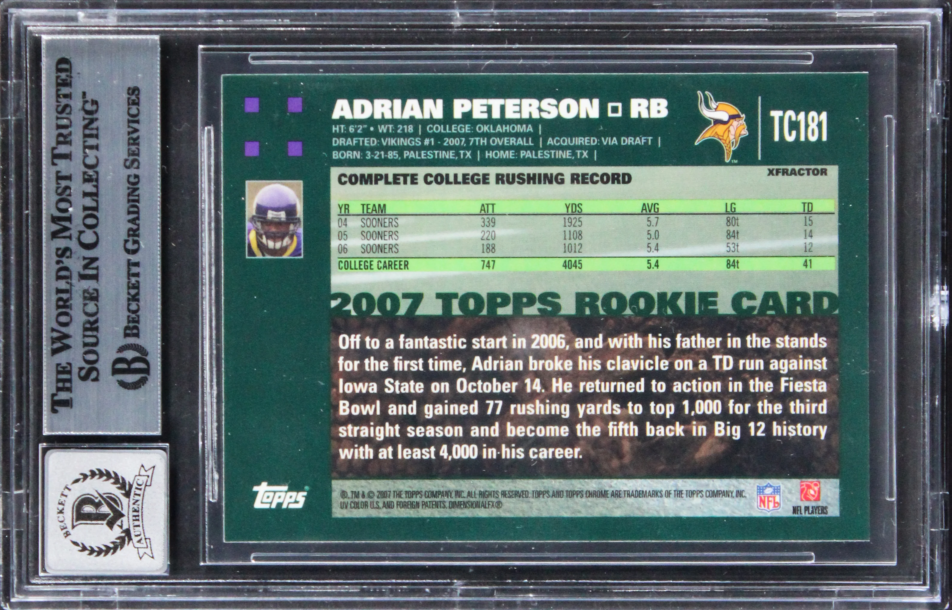 Adrian Peterson Signed 2007 Topps Xfractors #TC181 RC Card Auto 10! BAS Slabbed - Image 3