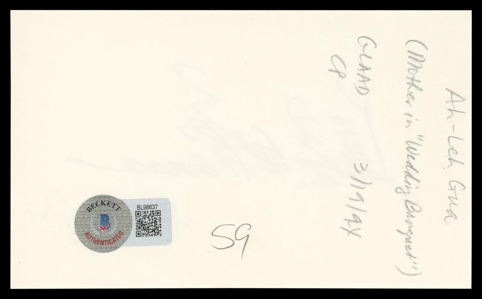 Ah-Lei Gua The Wedding Banquet Authentic Signed 3x5 Index Card BAS #BL98637 - Image 3